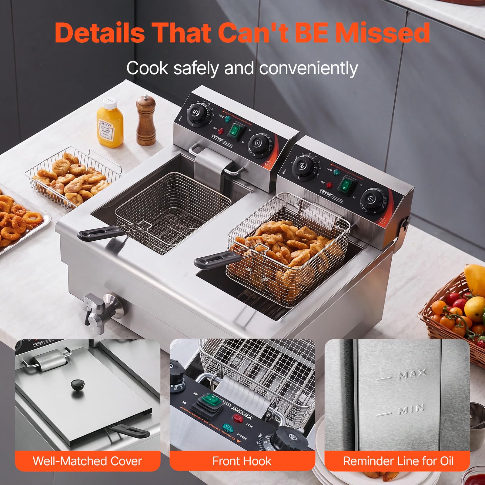 VEVOR Friggitrice Commerciale, Elettrica Doppia Vasca 2 x 11 L Friggitrice Commerciale 2 x 3000W in Acciaio Inossidabile con Filtraggio dell'Olio da Cucina, Controllo Tempo Temperatura