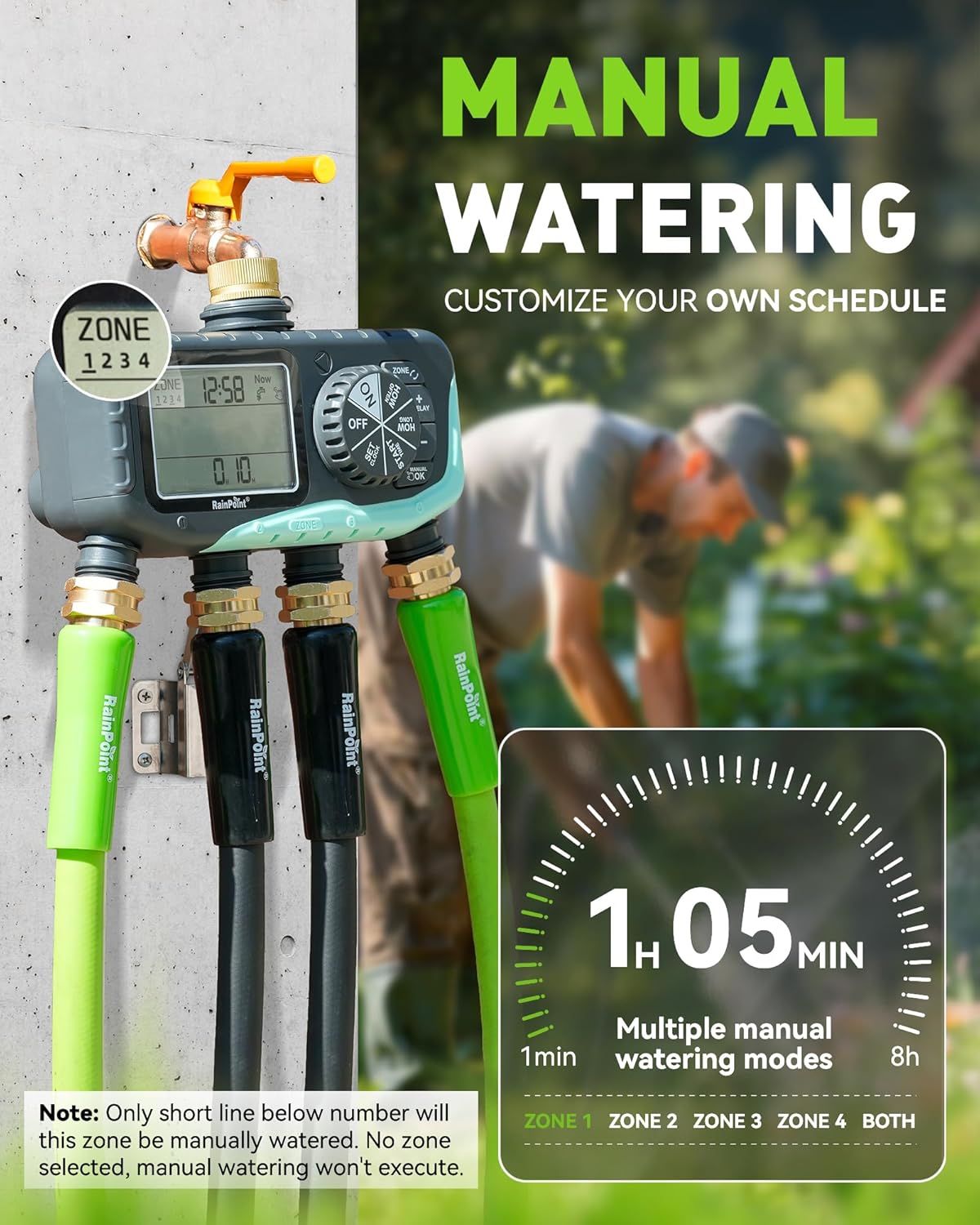 RAINPOINT 4-Zone Sprinkler Timer, 2027 New Version 4 Outlets Hose Water Timer, Automatic Irrigation Controller with Rain Delay & Manual Mode for Lawn & Garden Irrigation
