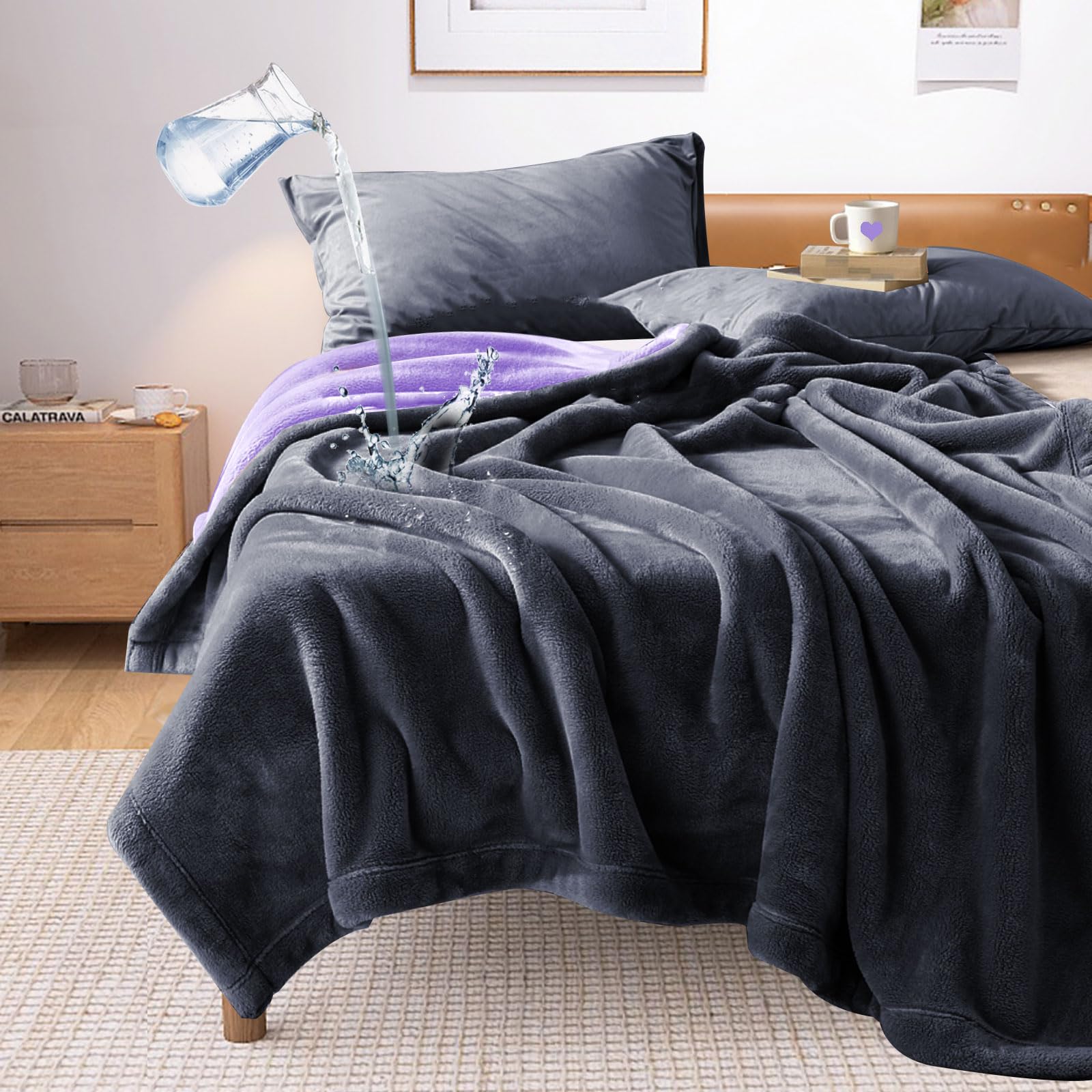YISURE Manta Impermeable Gris 203x153 cm para Adultos, Mantas Lavables Gris y Morado para la Intimidad de Parejas Adultas, Tamaño Queen Funda Protectora Reversible a Prueba de Fugas Cubre Sofá Cama