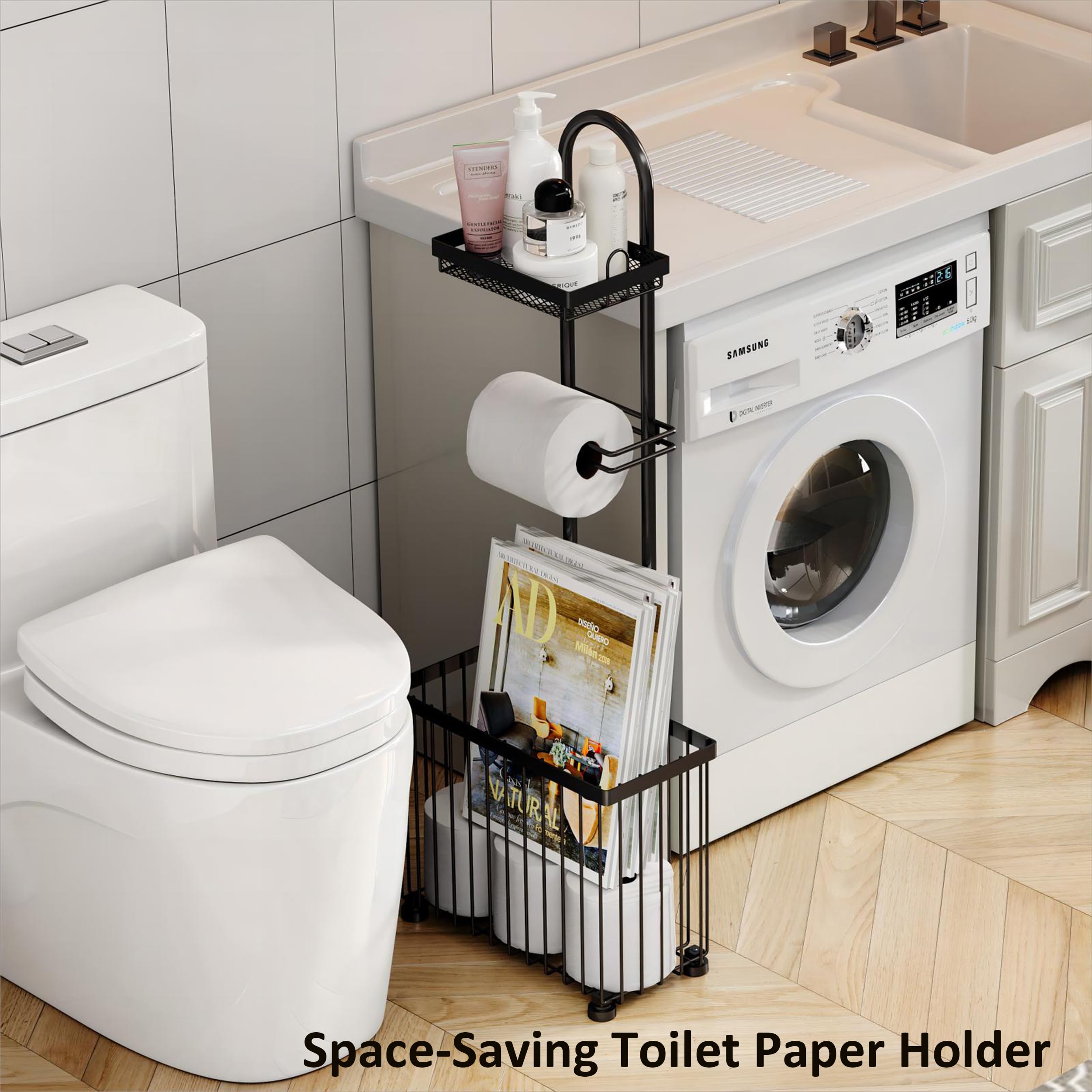 X-cosrack Freestanding Toilet Paper Holder Toilet Tissue Rack Scroll Stand Roll Dispenser with Storage Shelf Reserve for Phone — view 2