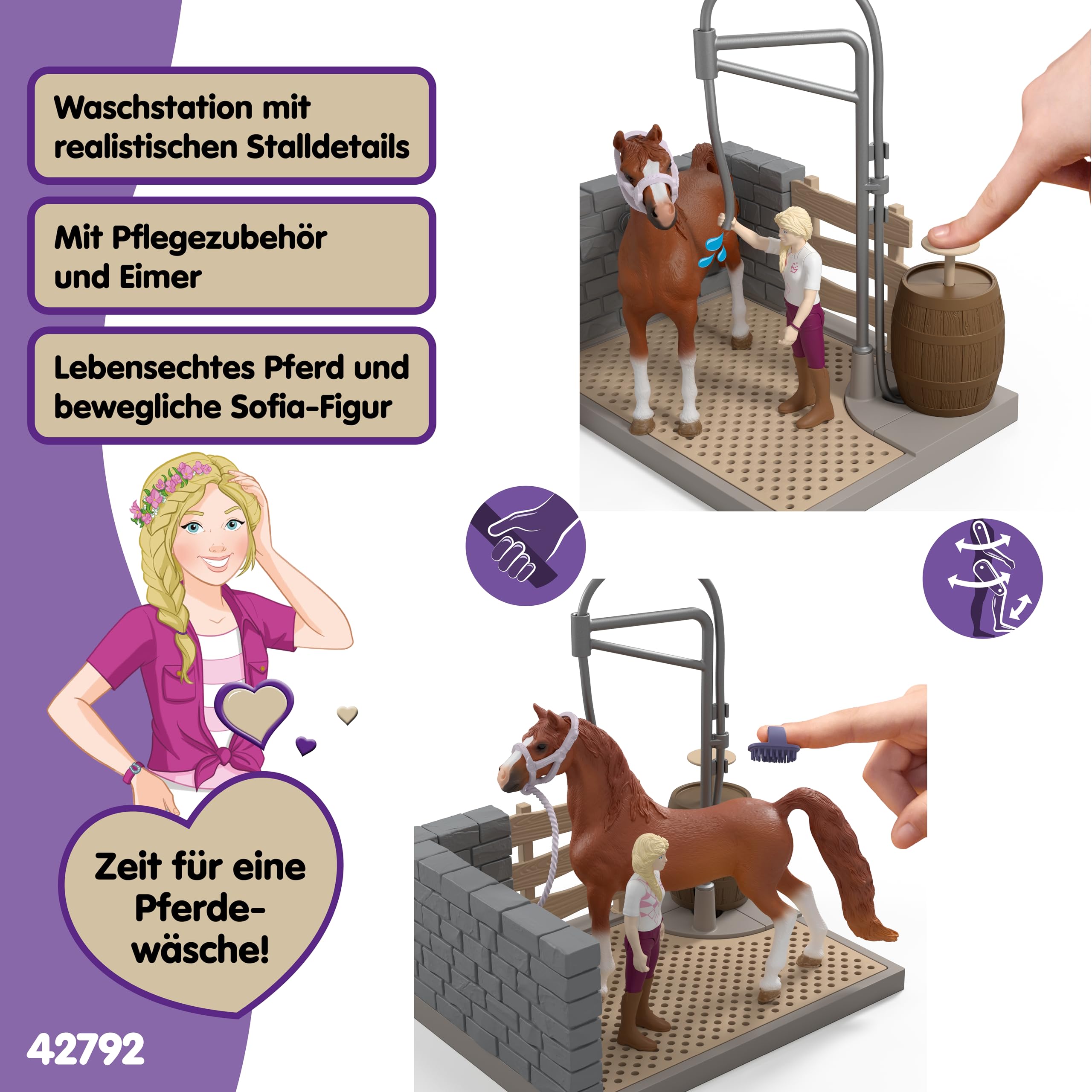 SCHLEICH Horse Club | Sofia’s Pferdewaschplatz 42792 | Spielset mit echtem Wasser, Pumpe, Pferd, beweglicher Figur & Zubehör | Pferdespielzeug & Geschenk für Mädchen und Jungen ab 5 Jahren | 26 Teile