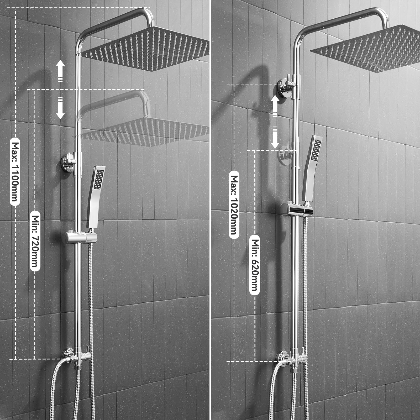 Auralum Colonna Doccia senza Miscelatore, Colonna Doccia Acciaio Inox con Saliscendi Doccia Altezza Regolabile 72-110cm, Asta Doccia con Soffione e Doccetta, Doccia Soffione con Doccetta Cromo 25x25cm