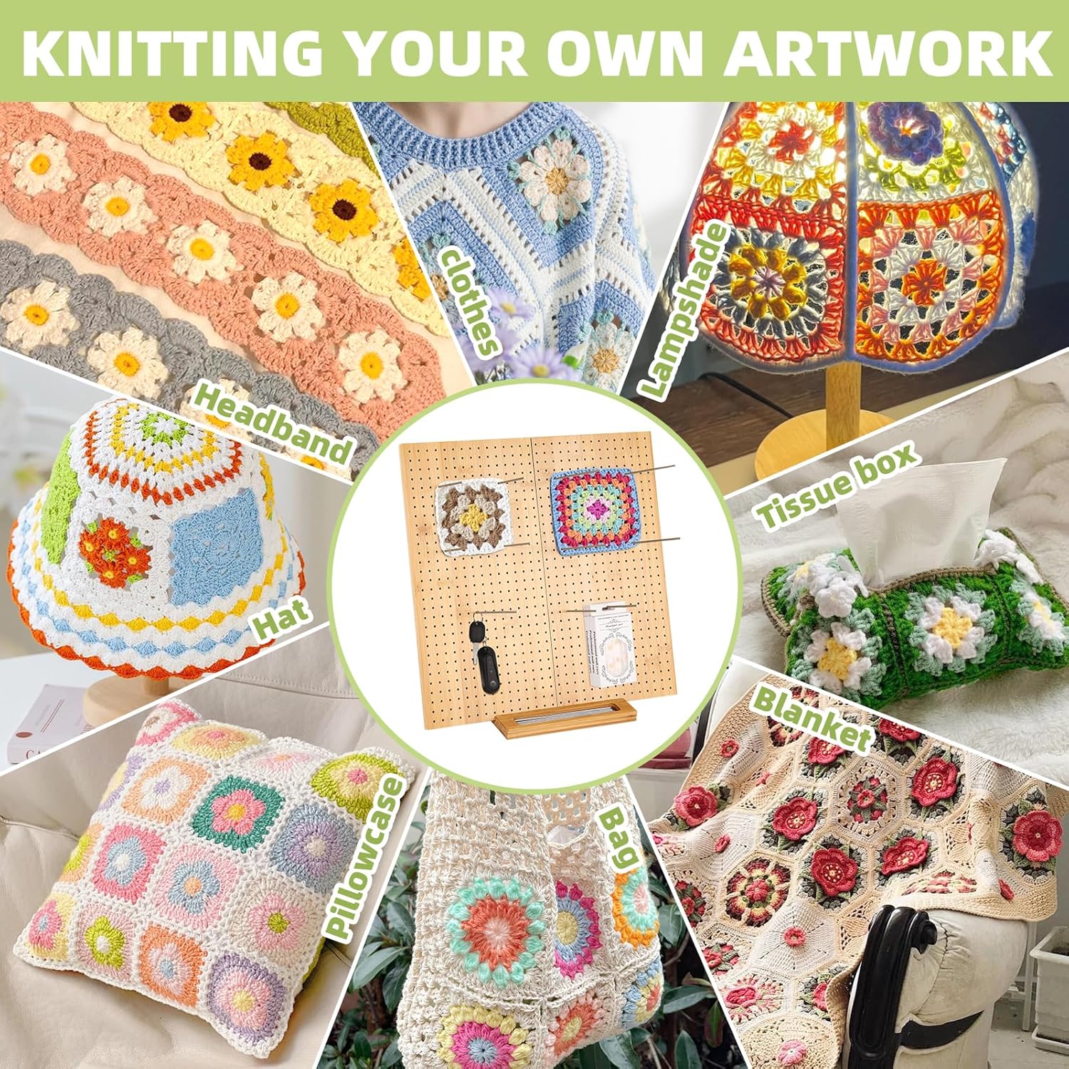 15.4" Foldable Crochet Blocking Board, Upgrade Large Blocking Board Crocheting with 30 Pcs Pins, Granny Square Blocking Boards Crochet Projects, Wooden Knitting Blocking Board for Blocking Crochet