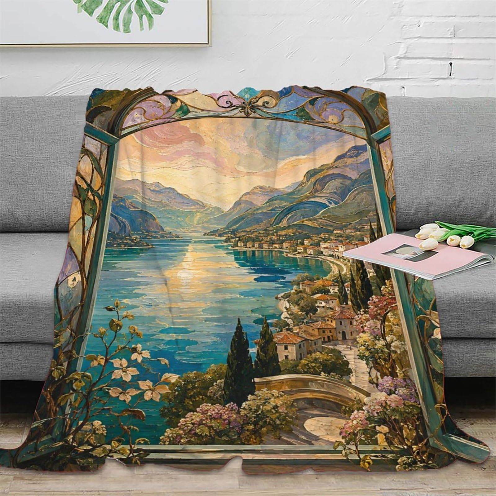 W7C8U2X3 Stained Glass Lake Window Throw Blanket, Flannel, Reading