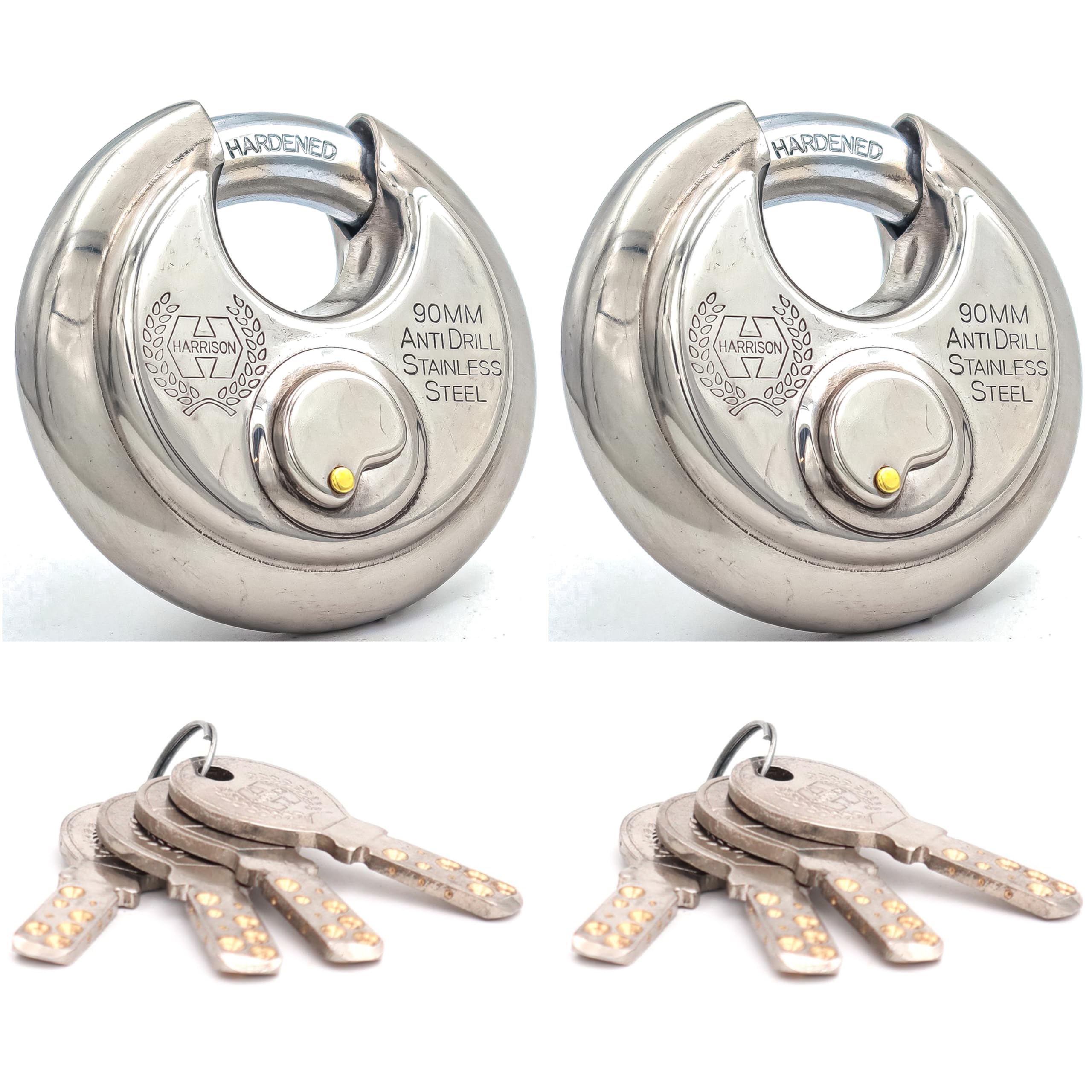 Harrison Padlocks/Round Padlock 90mm 12 Pin with 3 Computerised Keys ROCK-STAR-0404 Pack of 2/ Mild Steel Material/Stainless Steel Finish/Door Lock, Shutter Lock, Godown Lock, gate Lock