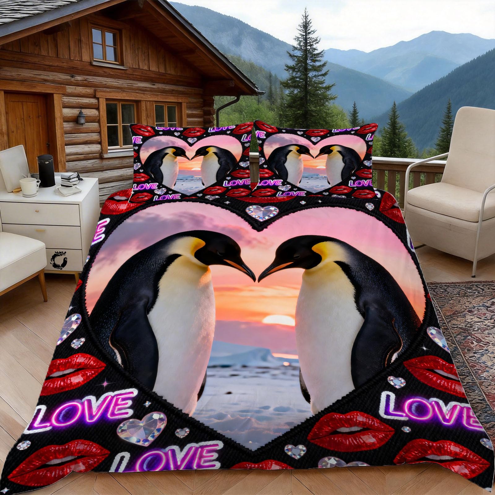 3D Pärchen Pinguin Bettwäsche 220x240 Romantisch Bettwäsche-Sets, Microfaser Bettbezug 3 Teilig Duvet Cover mit Reißverschluss und 2 Kissenbezug 80x80cm