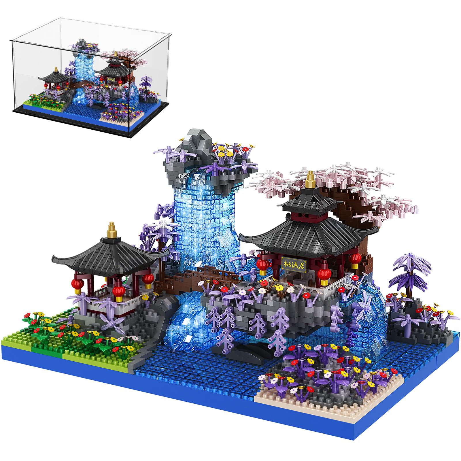 Cherry Blossom Bonsai Tree House Architecture Building Block Sets With Acrylic Display Japanese Peach Blossom Micro Mini Treehouse Building Model Toy Gift for Kids Adults 2400 pieces