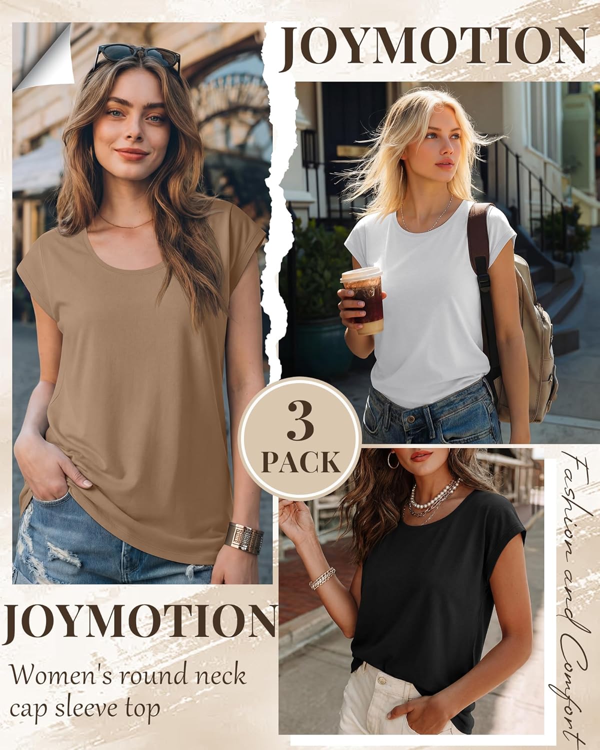 3 Pack Women's Cap Sleeve Tops Scoop Neck Summer T Shirts Casual Basic Tees Stylish Trendy Outfits Clothes