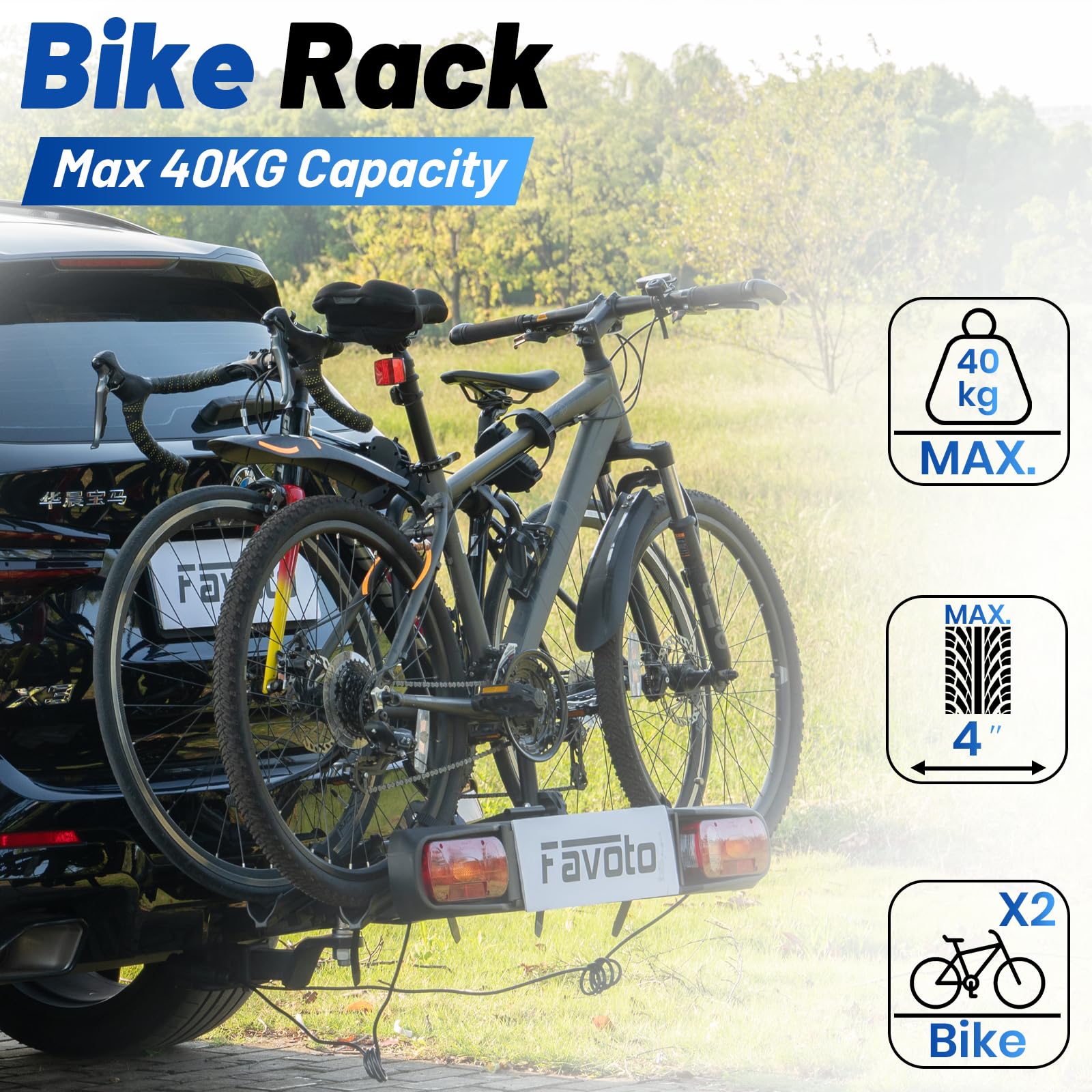 Favoto Portabici da Gancio Traino per 2 Biciclette - Pieghevole con Ruote e Serratura Capacità 50kg Adatto a Pneumatici fino a 2.25" Struttura in Alluminio Facile da Trasportare