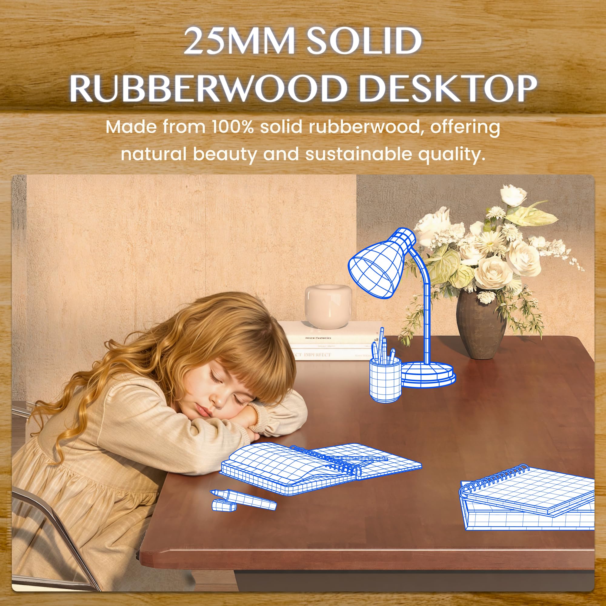 FlexiSpot Höhenverstellbarer Schreibtisch Gestell WoodiX E3, Höhenverstellbares Tischgestell mit 25mm Massivholz-Tischplatte aus Kautschukholz, Doppelmotor und Kabelmanagement, Premium Design, Schwarz
