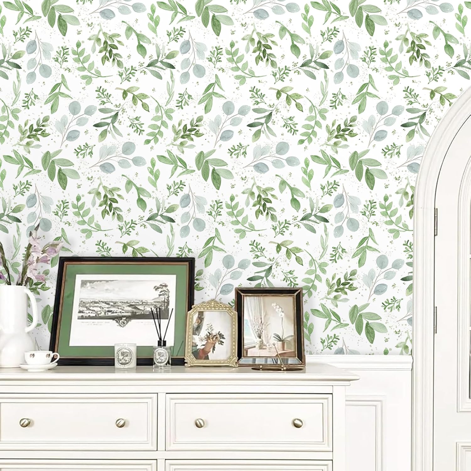 Green Leaf Peel and Stick Wallpaper Boho 17.32" X 118.11" Modern Sage Green Contact Paper Botanical Wallpaper Decor Self Adhesive Removable Wall Paper for Cabinets Bedroom Kitchen Vinyl Roll