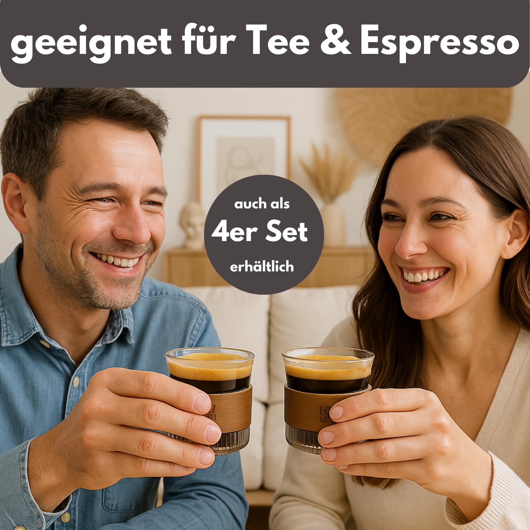 Holzwurm Set Di Tazze Da Caffè In Vetro Da 170 Ml, Con Legno Di Noce