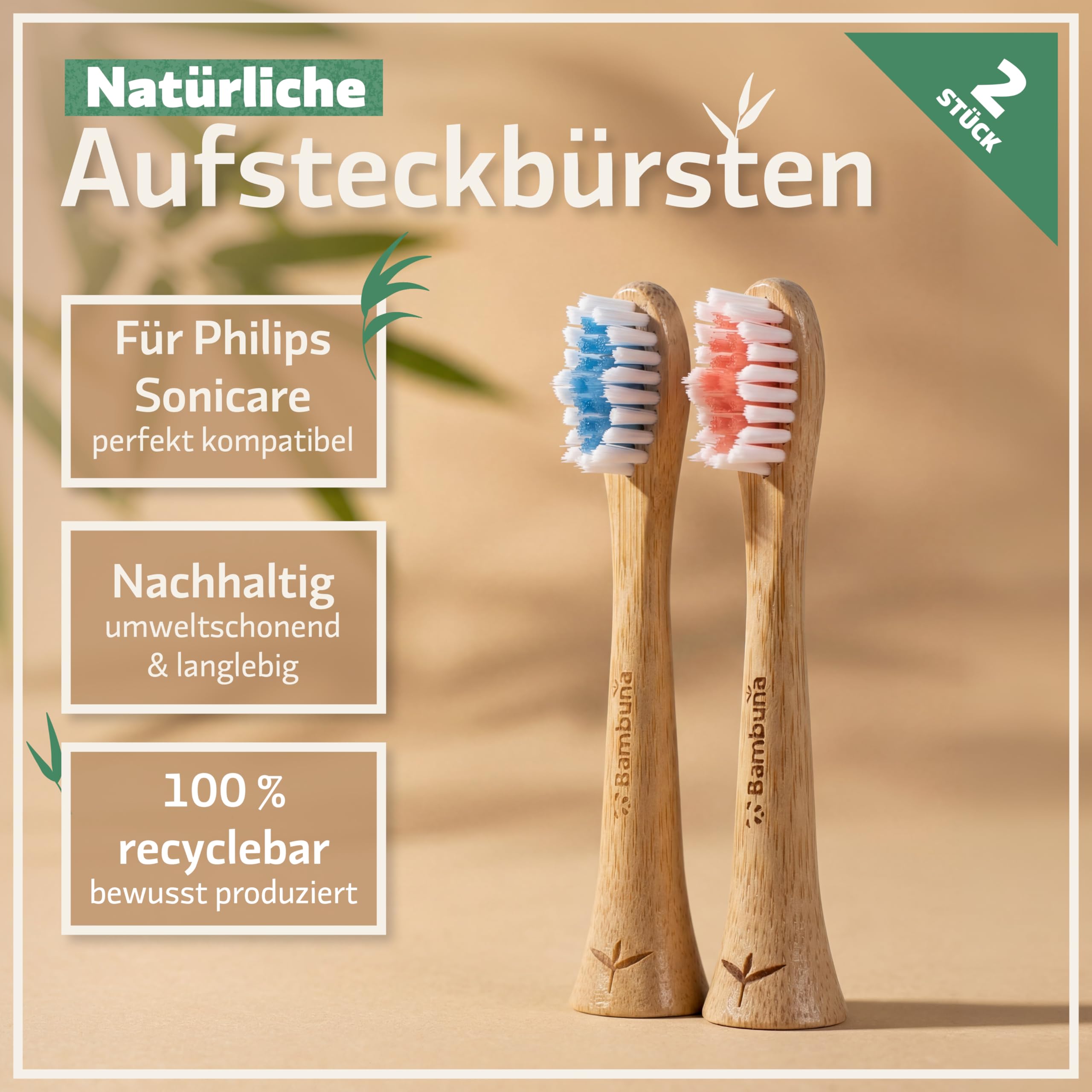 BAMBUNA Ersatzbürsten passend für Philips Sonicare Schallzahnbürste | Bambus Zahnbürstenkopf | Aufsteckbürsten Medium | PLA Verbindungsstück | vegan | BPA-frei | nachhaltig | 6er-Set | blau/rosa