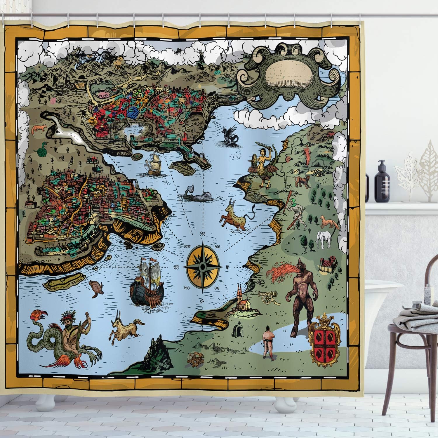 Ambesonne Compass Shower Curtain, Antique Map of Rivers and Land Full of Monsters with Pirates Giant Creatures Cartoon Style of an Art, Cloth Fabric Bathroom Set with Hooks, 69" W x 75" L, Olive Blue
