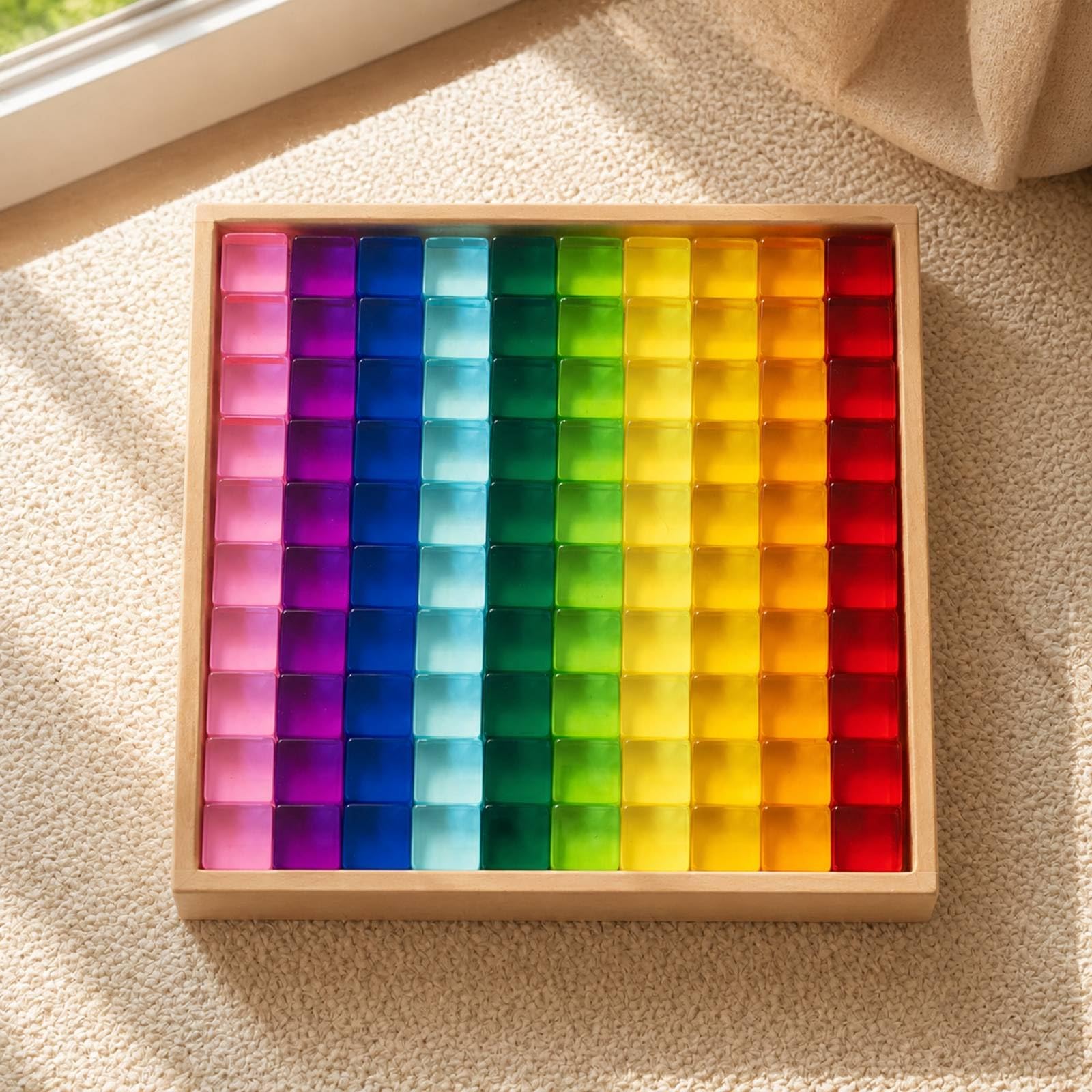 100 Pezzi Blocchi di Costru Resina Tras Cubetti Lisci Multicolori con Tray in Legno per Giocattoli per Costruire Modelli E Sequenze