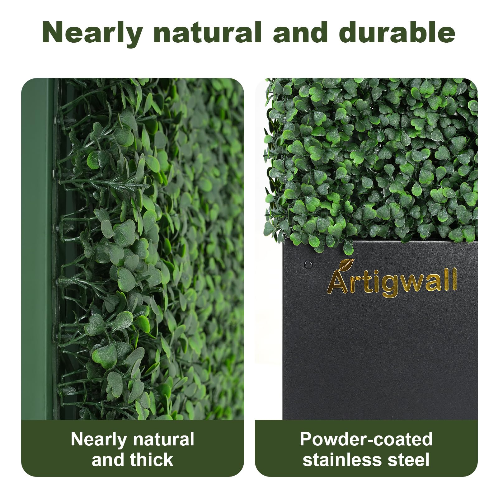 Pared de seto artificial con maceta negra cubierta por popular boj verde oscuro anti-UV, 50 pulgadas de largo x 48 pulgadas de alto x 14 pulgadas de profundidad
