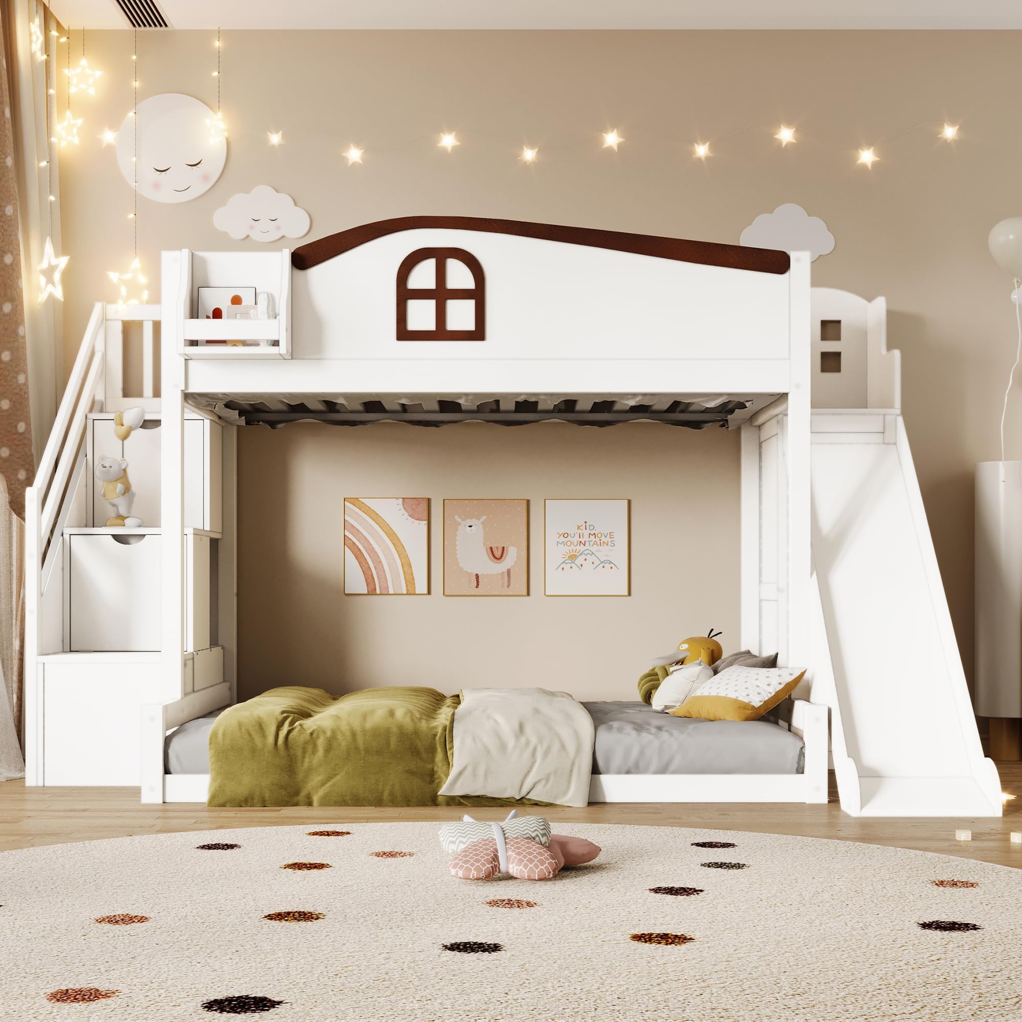 - Merax Twin Over Full Bunk Bed with Storage Staircase & Slide, Wood Floor Bunk Bed Frame with Storage Shelf, Wardrobe, and Safety Guardrail for Kids, Teens, Boys,Girls,White
