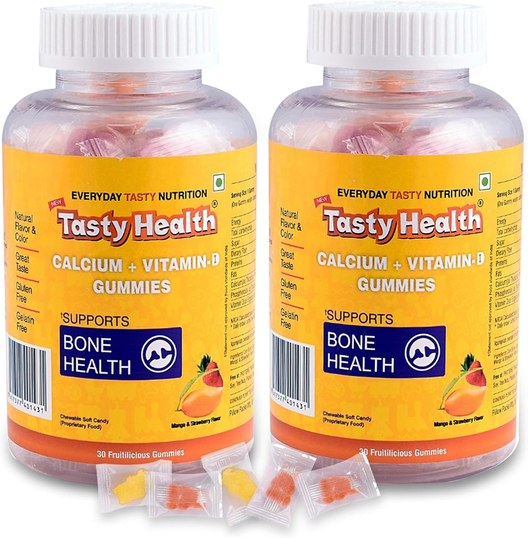 TastyHealth Calcium + Vitamin D Gummies- Gummy Bears for Women & Kids - Pack of 2-30 * 2 = 60 gummies - Bone Strength & Growth in Lemon & Strawberry flavors
