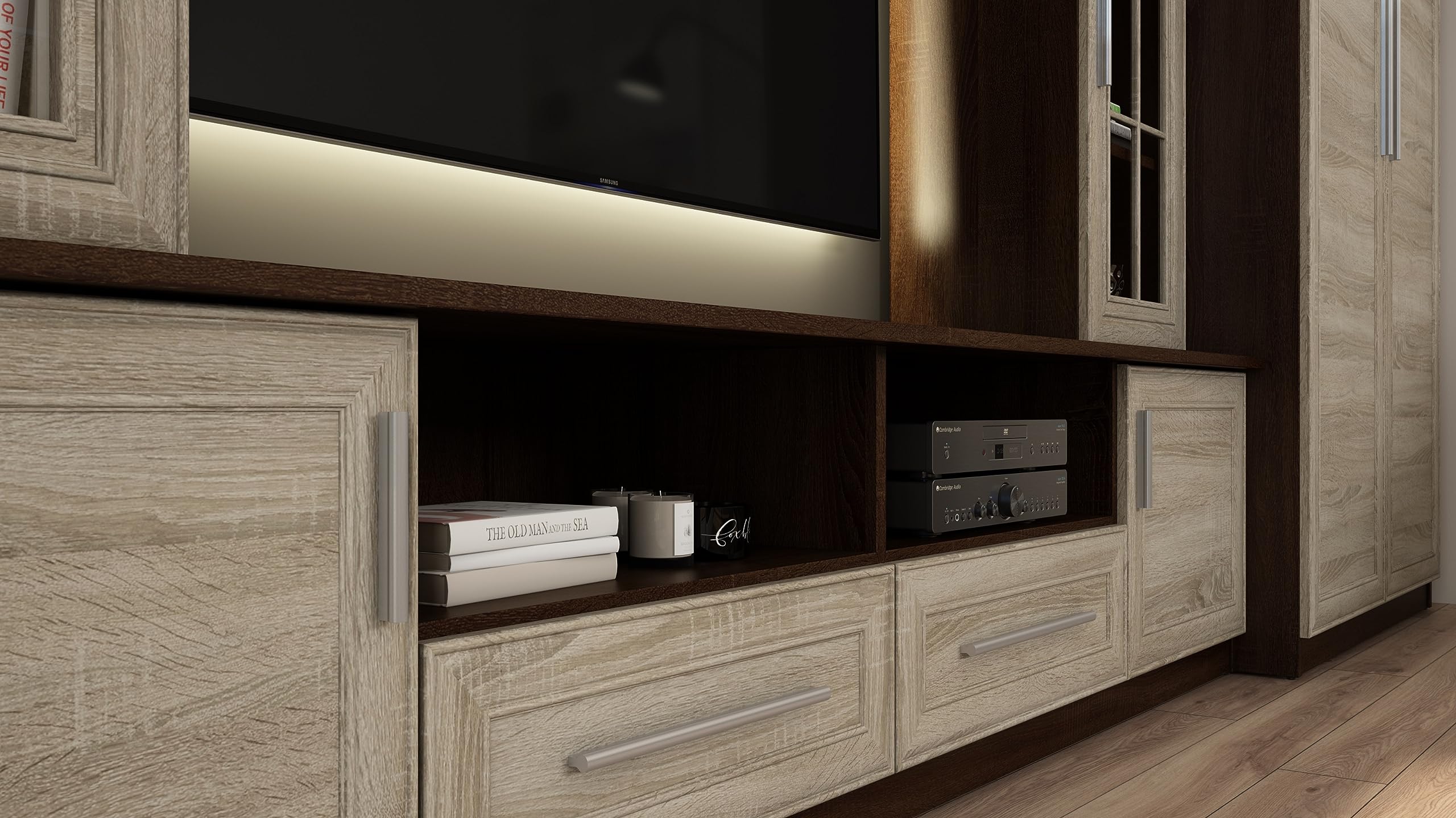 e-Meblast Wohnwand Wohnzimmer Möbel Neptun - Modern Schrankwand 370 x 200 x 52 cm Wohnzimmerschränke - Schrankwand Vitrinen Hängeschrank 2 Schränke TV Lowboard Anbauwand