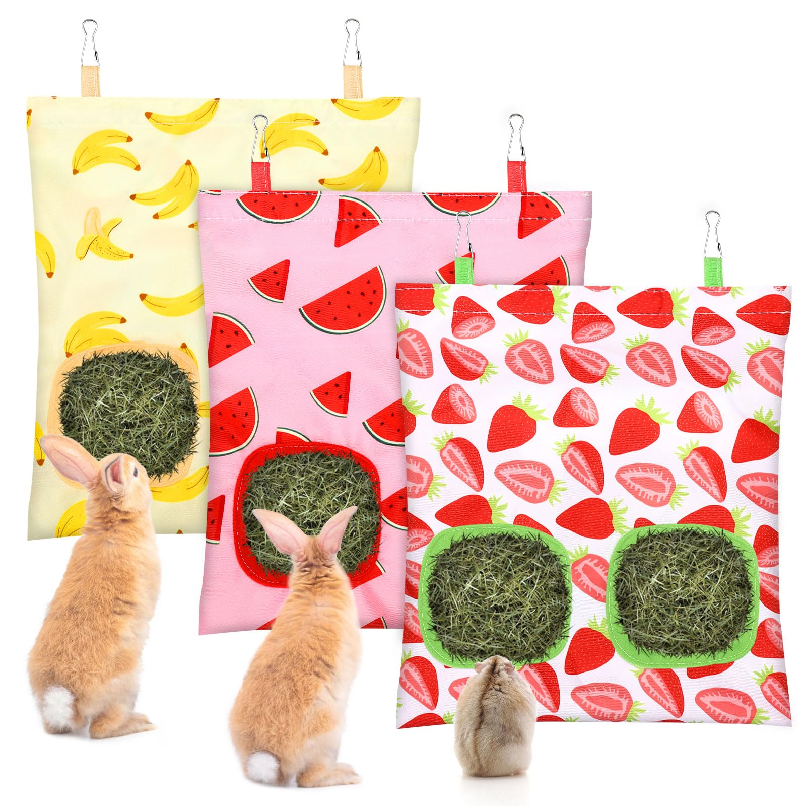 UPINS 3 Hay Bag for Rabbits 2-Hole Hanging Hay Feeder Guinea Pig Hay Bags, Hay Feeder for Rabbits Chinchillas Hamsters Small Pets and Animals(Fruit Pattern)
