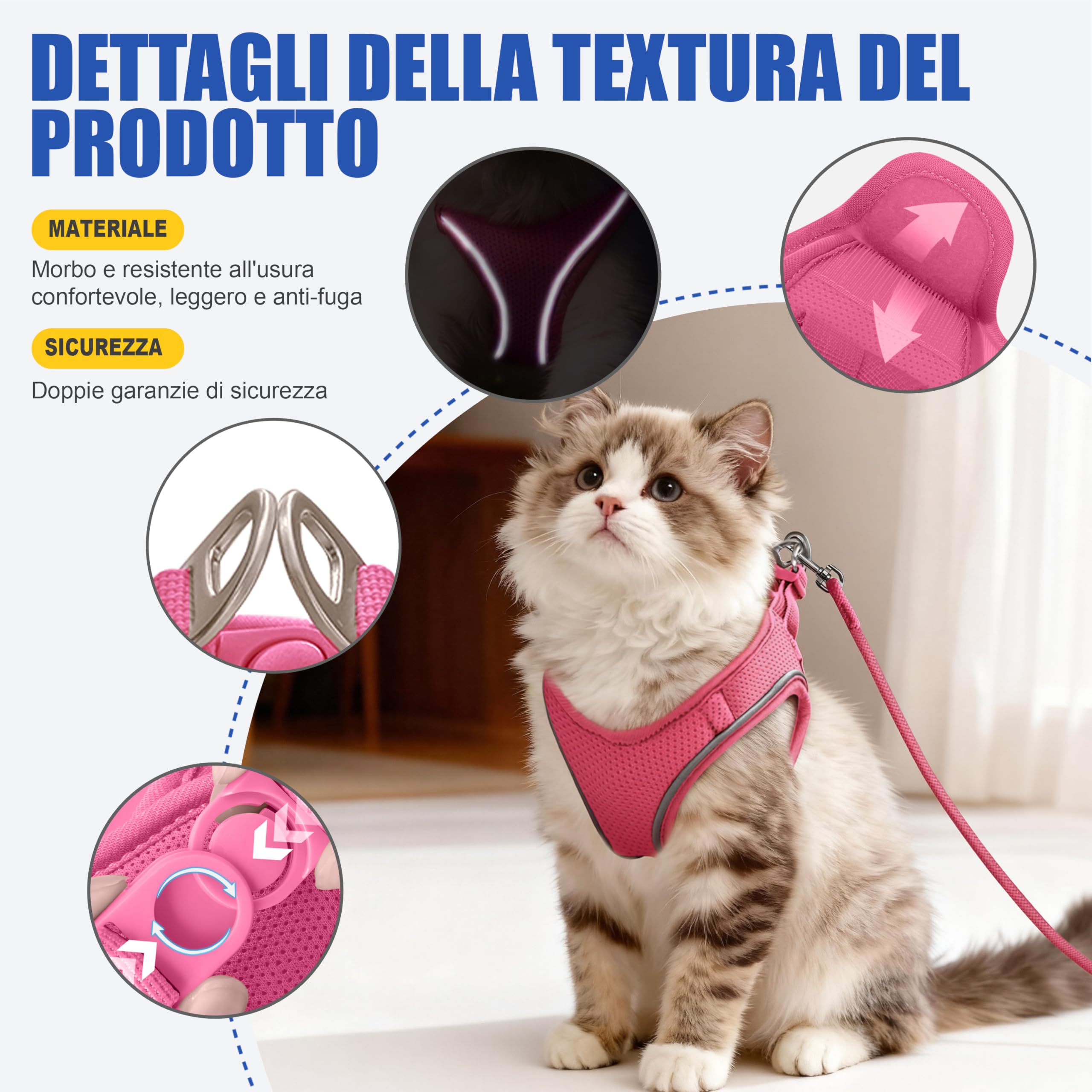 Imbracatura Gatto Regolabile, Imbracatura Anti Fuga Gatto Leggera per Gattino, Imbracatura e Guinzagli per Gatti Traspirante Facile da Controllare con Strisce Riflettenti (Rosa Xxs)