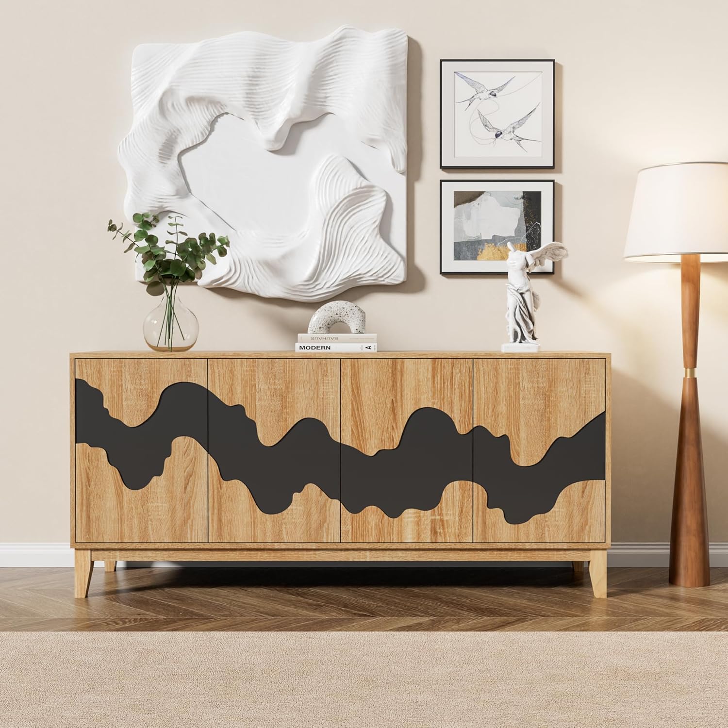 Natural Buffet Cabinet Sideboard with Storage 63'' Distinctive Coffee Bar with Flowing Water Patterns Kitchen Buffet with 4 Doors for Bedroom, Living Room (Natural and Black)