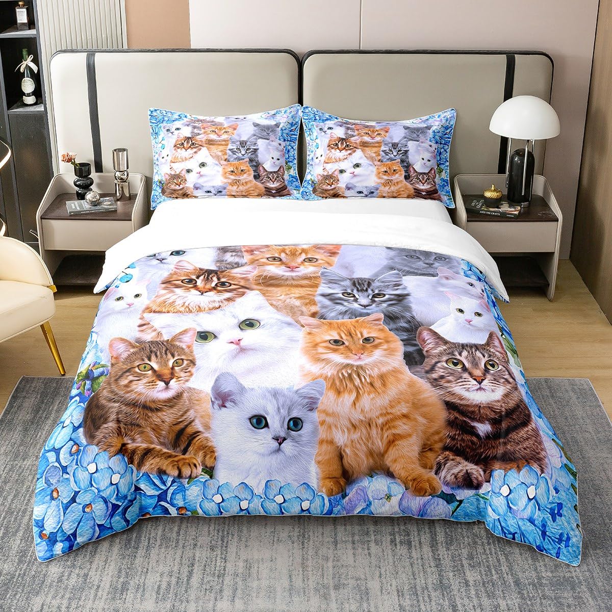 Housse de couette coton enfant motif chat mignon pour lit 3 pièces