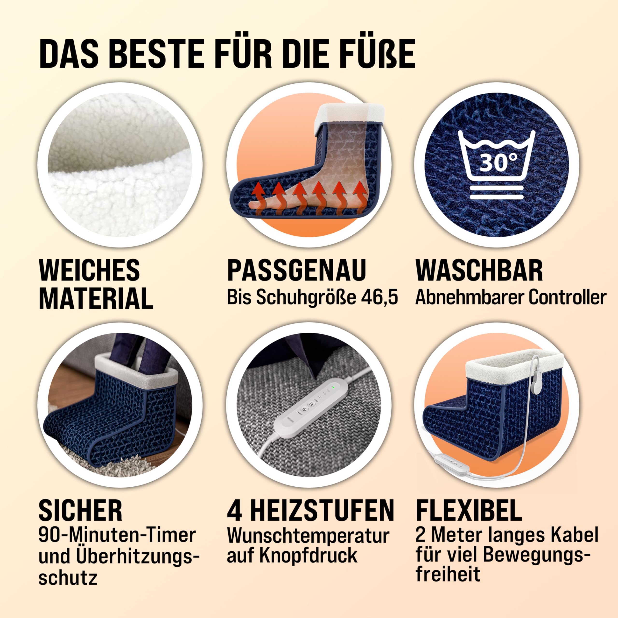 MONZANA® elektrischer Fußwärmer 4 Heizstufen 90min Timer Größe 46,5 Fußheizung Wärmeschuh Überhitzungsschutz waschbar blau