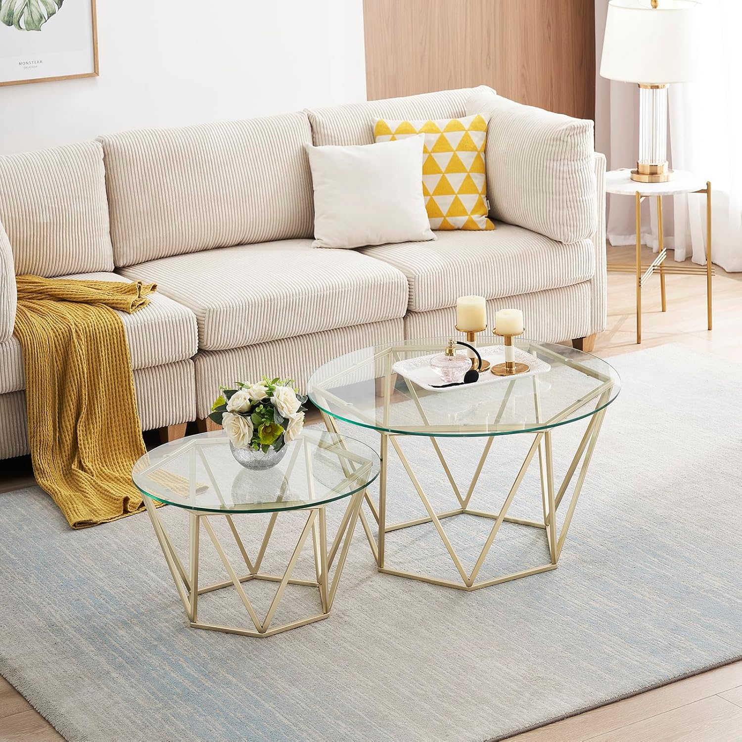 Coffee Tables Set of 2 Round Glass Gold Coffee Table for Living Room Modern Nesting