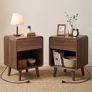 Nasonet Nightstand Set of 2, Wooden Nightstand with Drawers for Bedroom, Bed Side Table with Storage Shelf, End Table with Charging Station for Living Room
