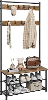 Yaheetech 3-in-1 Hall Tree, Coat Rack Shoe Bench with 11 Removable Hooks and Storage Metal Shelves, Industrial Entryway Storage Bench, Easy Assembly, 33.5× 13.5× 73 Inches, Rustic Brown