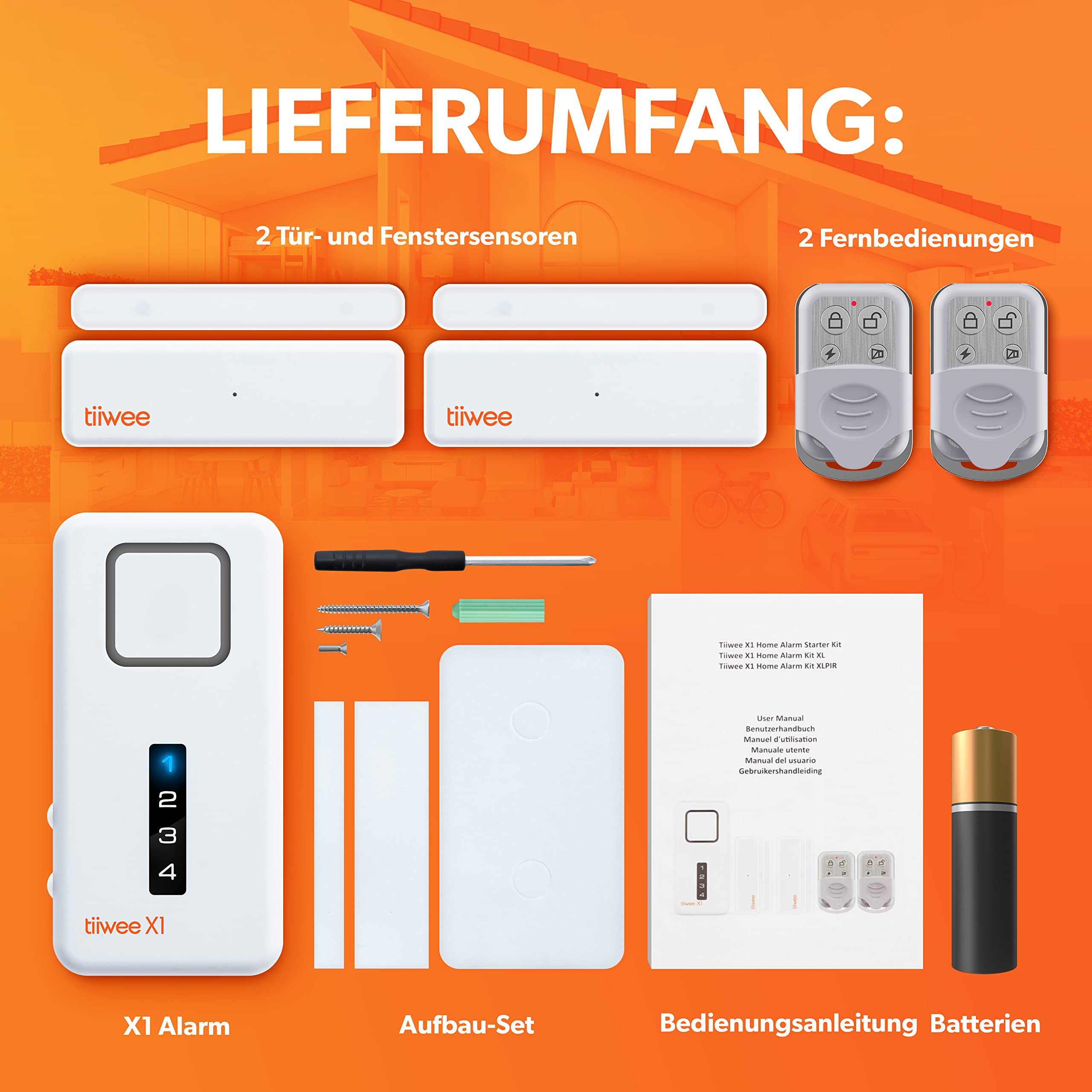 tiiwee Home Alarm System Wireless Kit X1 - Komplette Alarmanlage mit X1-Sirene, 2 Fenster Tür Sensoren und 2 Fernbedienungen - Fensteralarm Türalarm