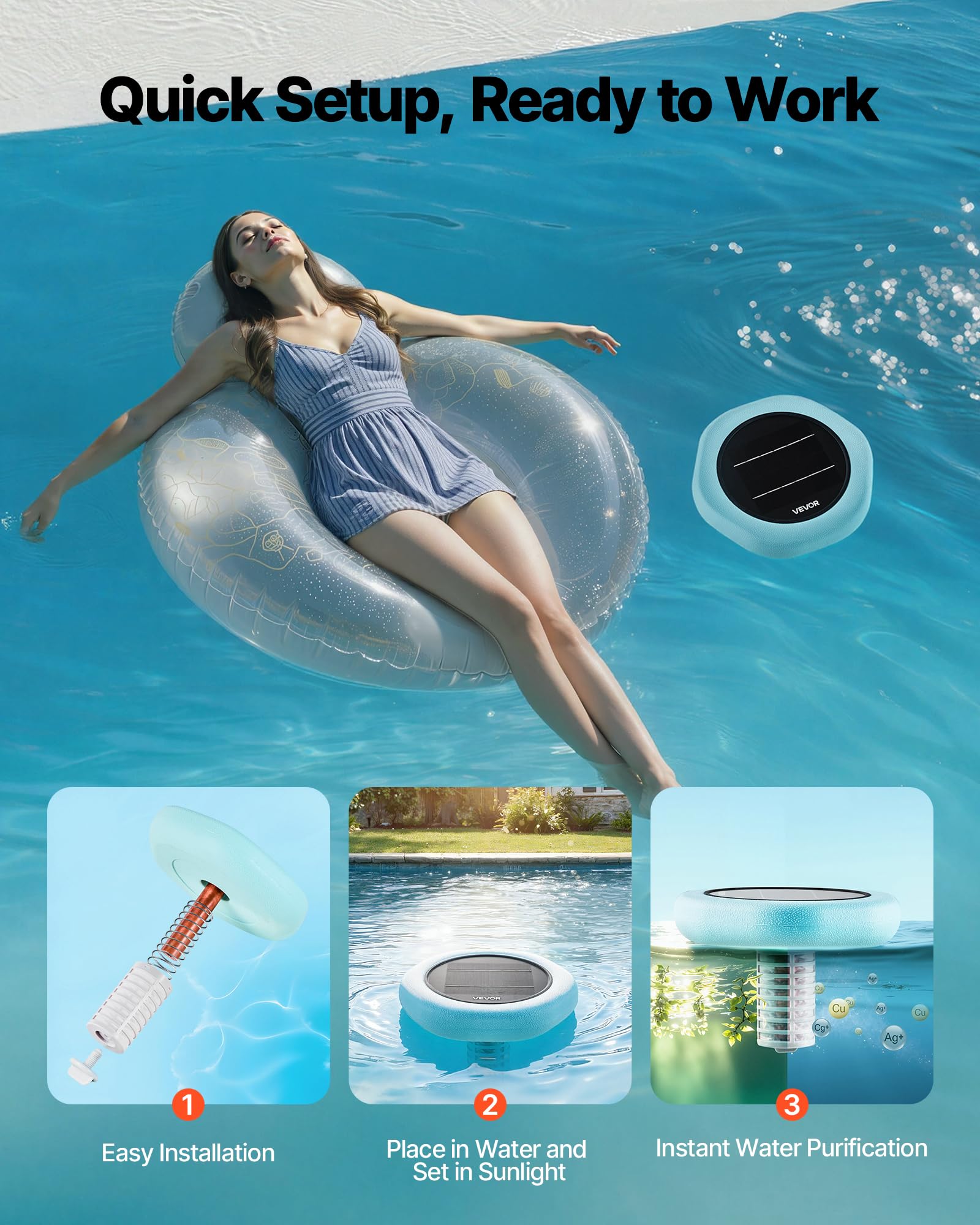 VEVOR Ionizzatore Solare per Piscina Purificatore per Acqua Piscina Purificatore Forma Esagonale max. 170343 L, Ionizzatore ad Energia Solare Galleggiante per Piscina SPA Vasca Idromassaggio