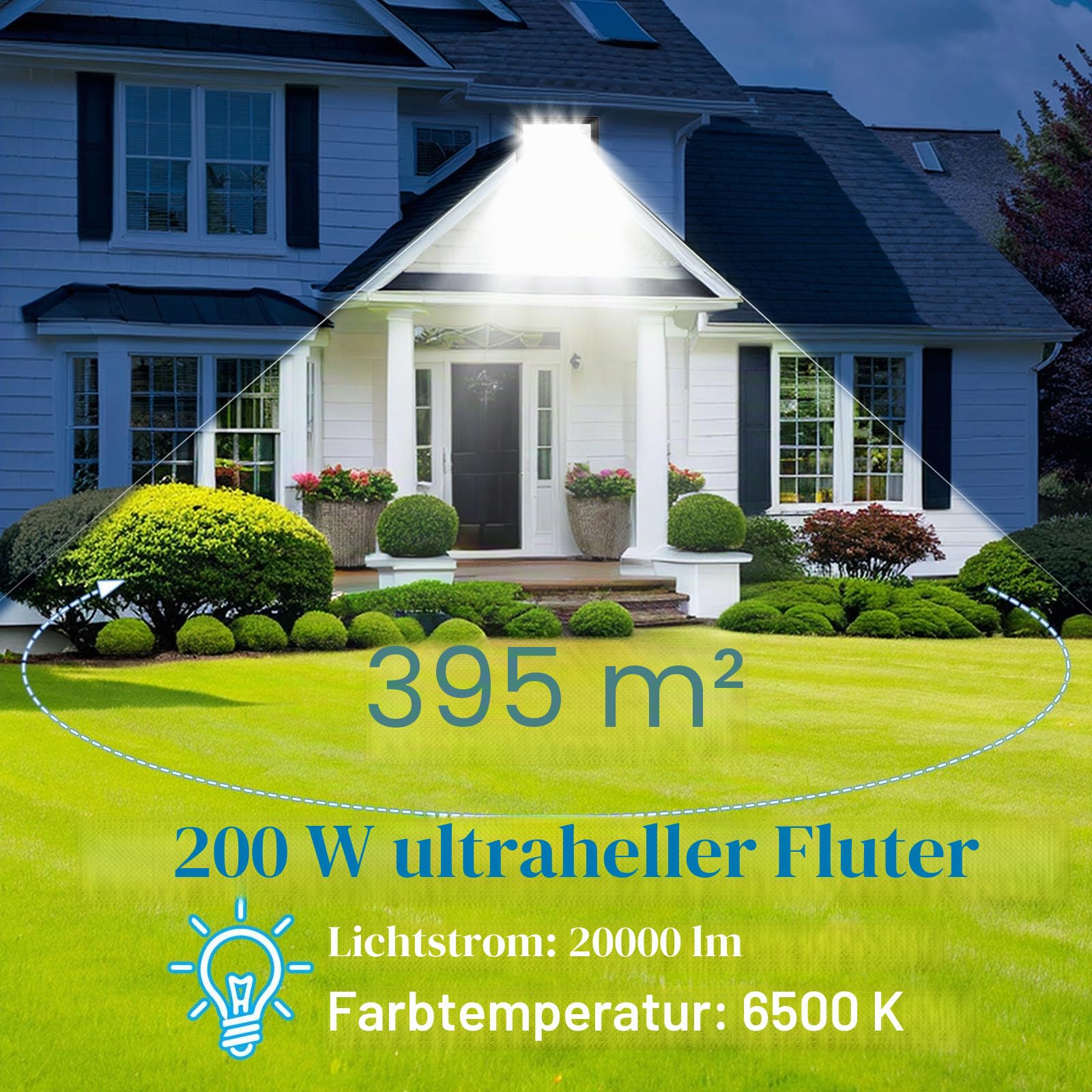 2 Stück LED Strahler Außen 200W, 1M Kabel 6500K Kühlweiß 20000LM LED Scheinwerfer, Strahler Außen IP66 Wasserdicht, für Gärten, Terrassen, Höfe, Balkone, Parks, Garagen, Fabriken, Quadrat