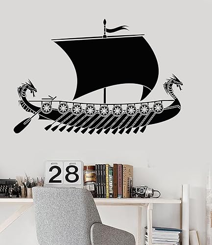 Vinilo grande para pared, diseño de barco vikingo, escandinavo, para habitaciones infantiles, 049ig, color negro