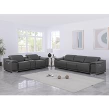 BlackJack Furniture Venice Top Grain Italian Leather Power Recline 6 Piece 5 Seater Sofa - 107" Theater Seating Modern Couch for Living Room Lounge with Adjustable Headrests & USB Port, Dark Grey