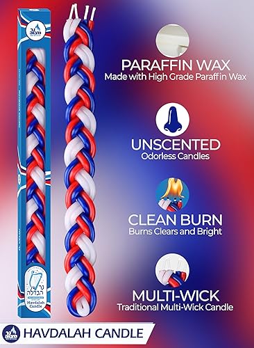 Miniatura 2 de Ner Mitzvah Vela Havdalah trenzada – Vela Havdallah grande de cera de parafina roja, azul y blanca hecha a mano – Regalo de Shabat Judaica Rojo