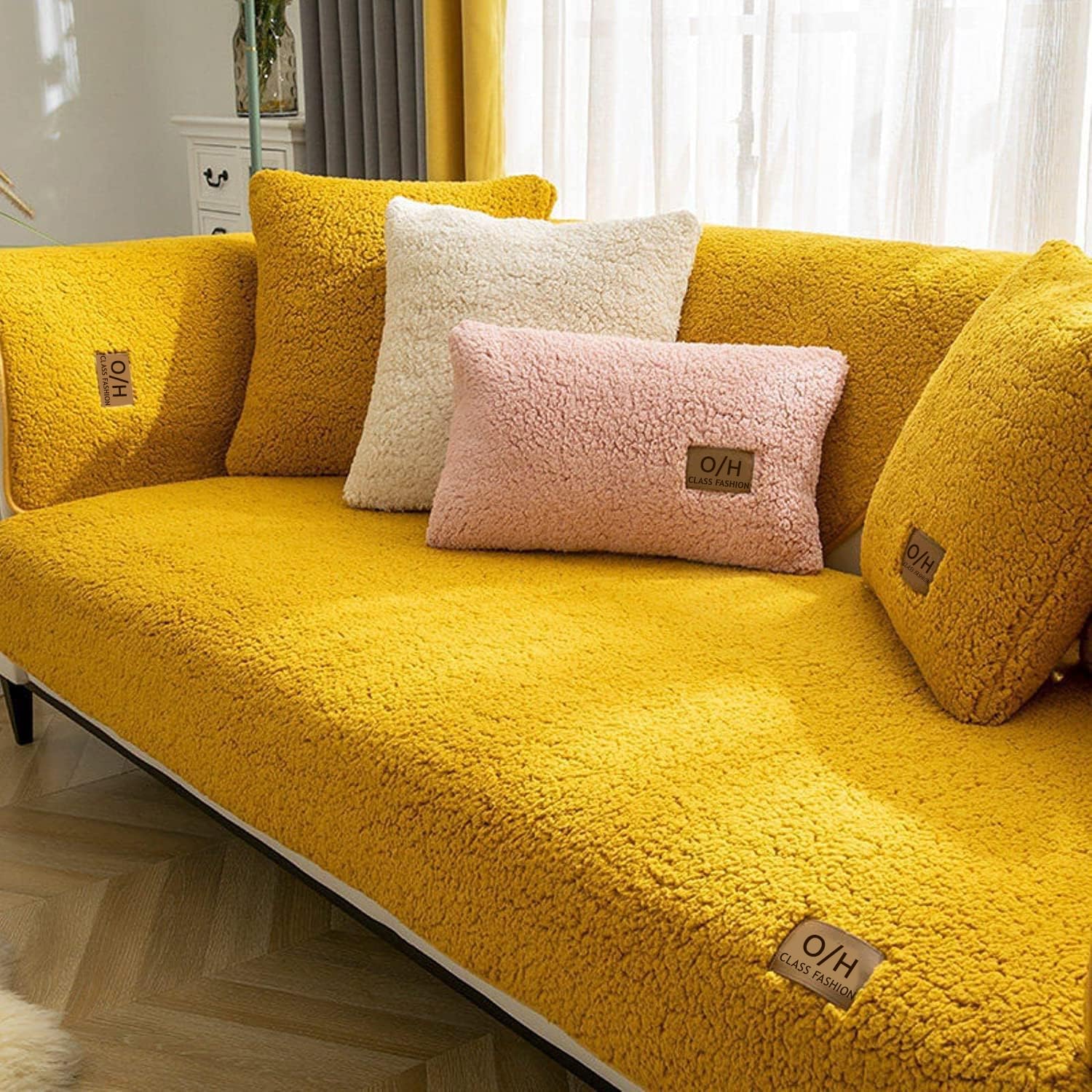 LINGKY Soft Sherpa Fleece Sofa Covers, Sofa Cushion Covers, Non-Slip Sofa Cover 1 2 3 Seater Couch Covers for Sectional Sofa, Sofa Slipcovers L Shape Furniture Protector (Yellow,90x210cm) — image 1