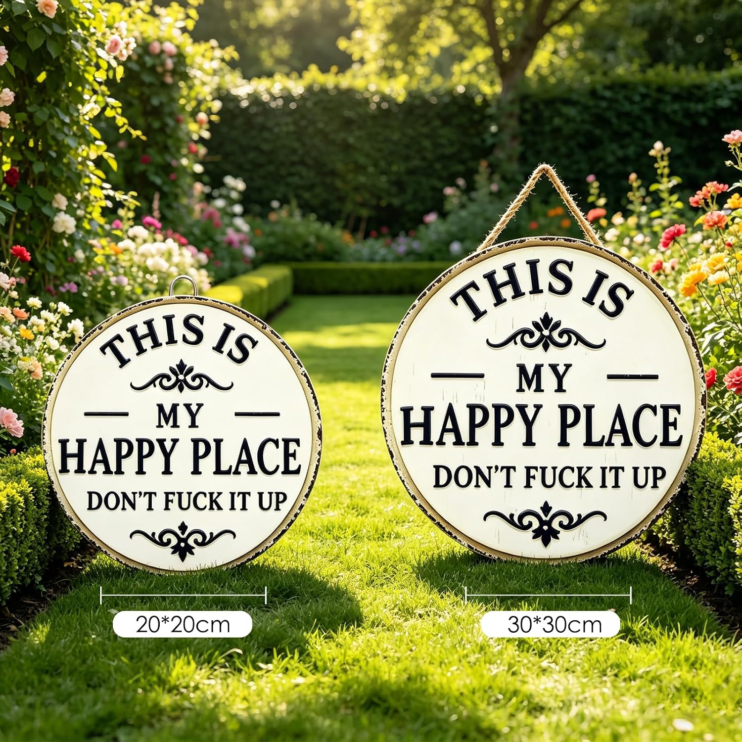 Funny Garden Metal Sign -"This Is My Happy Place Don't F*ck It Up Farmhouse Outdoor Art, Vintage Decor, Welcome Round Sign for Home Garden Farm Bar or Coffee Wall Decor (7.9 * 7.9in) image 3