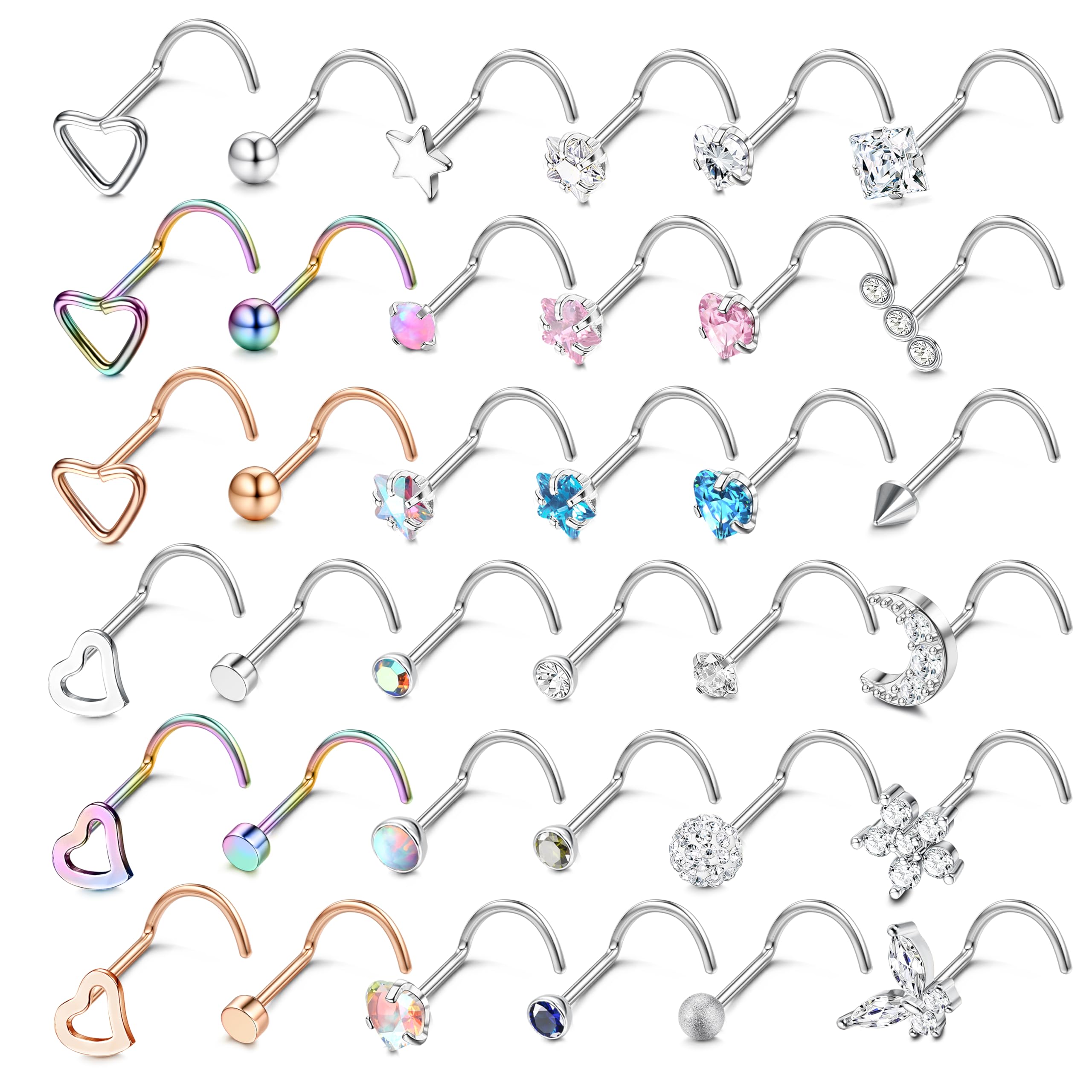 LOLIAS 36 Piezas 20G Piercing Nariz Acero Quirurgico CZ Diamante Piercing Nariz Plata Nose Stud Ring Screw Piercing Nostril Joyería