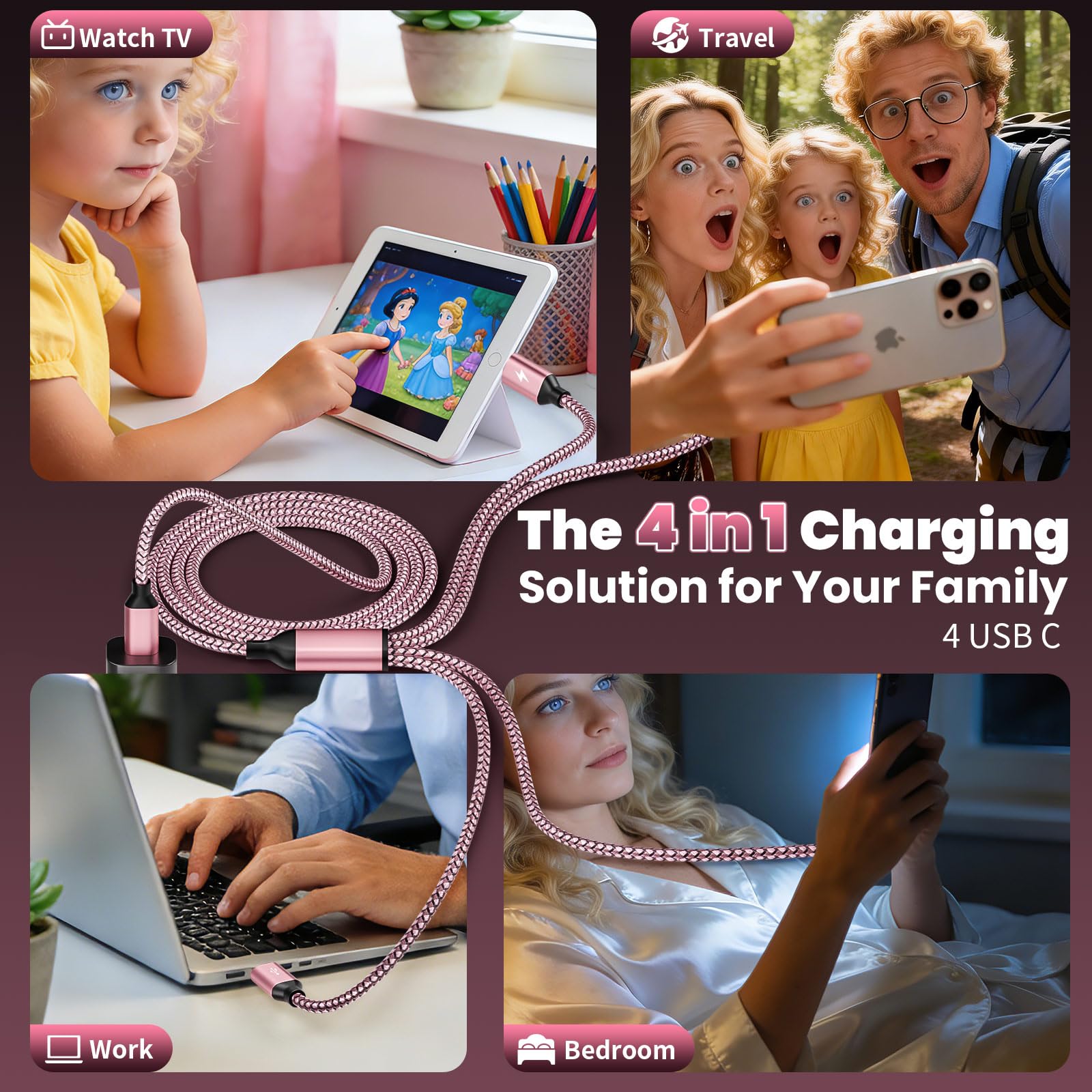 4 cavi di ricarica multipli di tipo C 4 in 1, 1,5 m, essenziale da viaggio per aerei e viaggi in crociera, USB C a 4 USB C, compatibile con iPhone 17-8, Android, iPad, Galaxy, tablet
