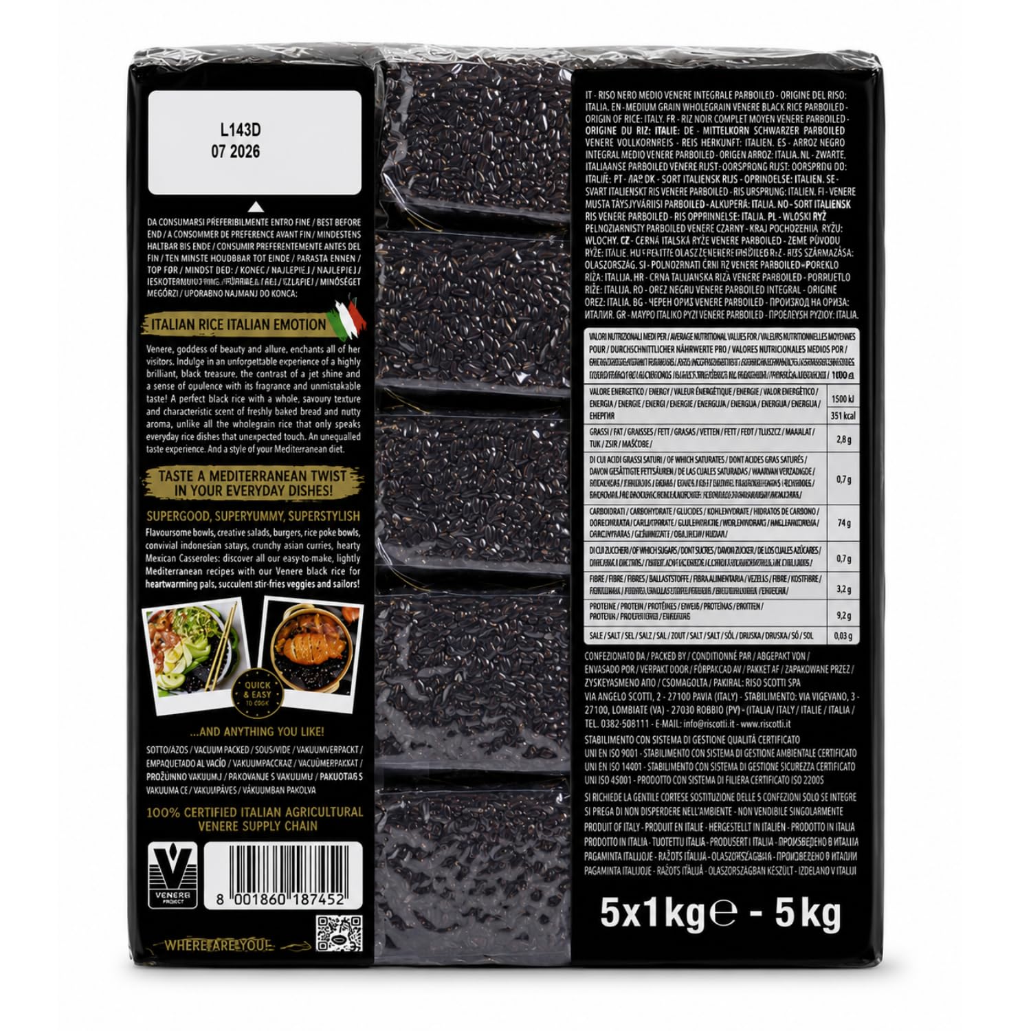 Riso Scotti Schwarzkornreis, Bulk 5,0 kg (5 x 1 kg), Produkt aus Italien, Venere, Premium-Qualität, wilder antiker Vollkornreis, Produkt aus Italien