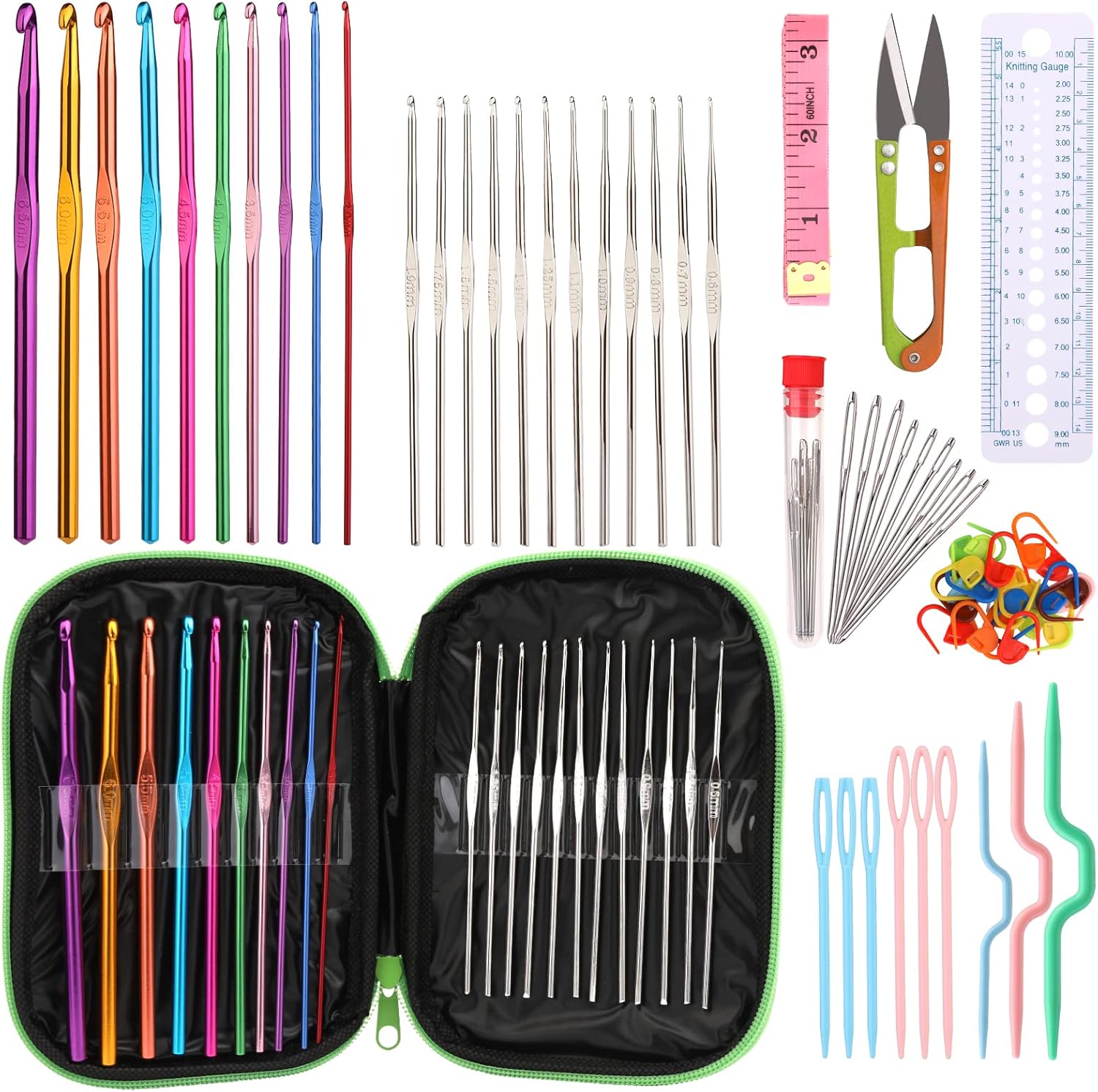 2 Pack Crochet Hook Set - 76 Piece Ergonomic Kit With 0.8mm-6mm Needles & Stitch Markers