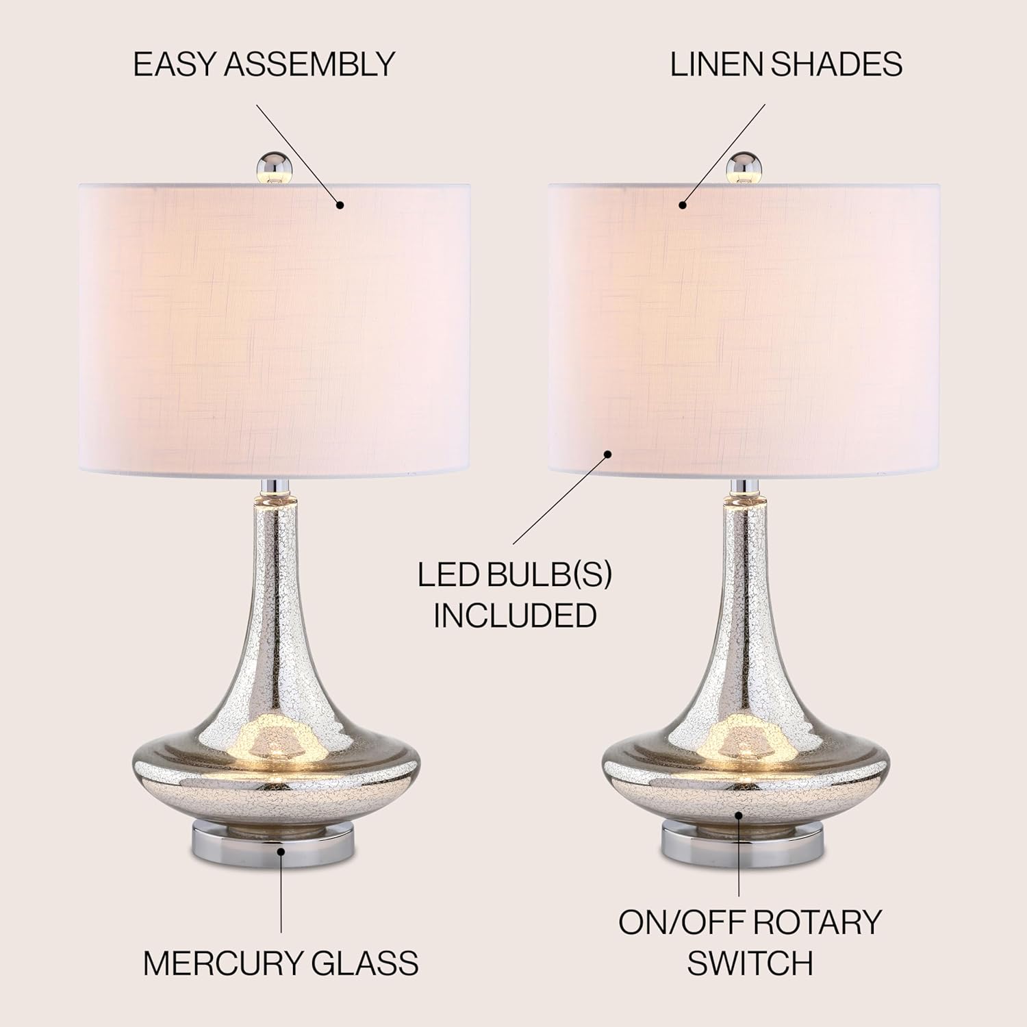 JONATHAN Y 25.5" Mercury Silver Glass Teardrop Table Lamp Set of 2 for Bedroom, Modern Bedside Lamps for Living Room, White Linen Drum Shade, LED Bulbs Included JYL1081A-SET2
