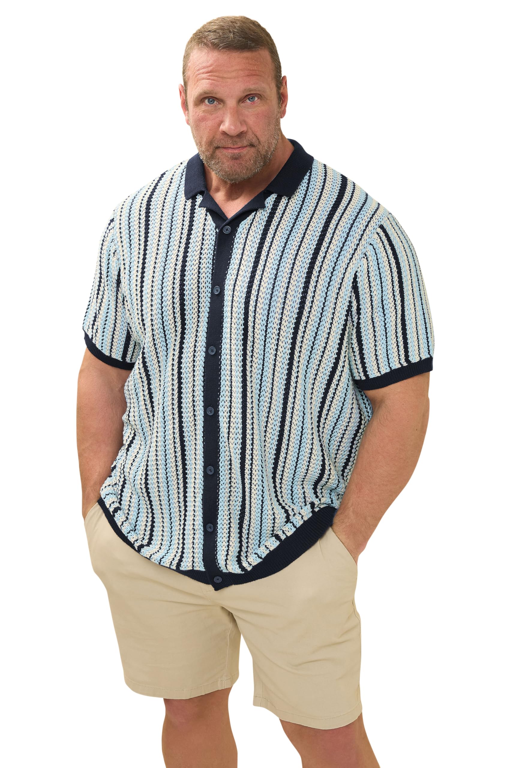 Badrhino Men's Blue Big & Tall & White Stripe Knitted Revere Collar Shirt - Plus Curve 3XL Plus