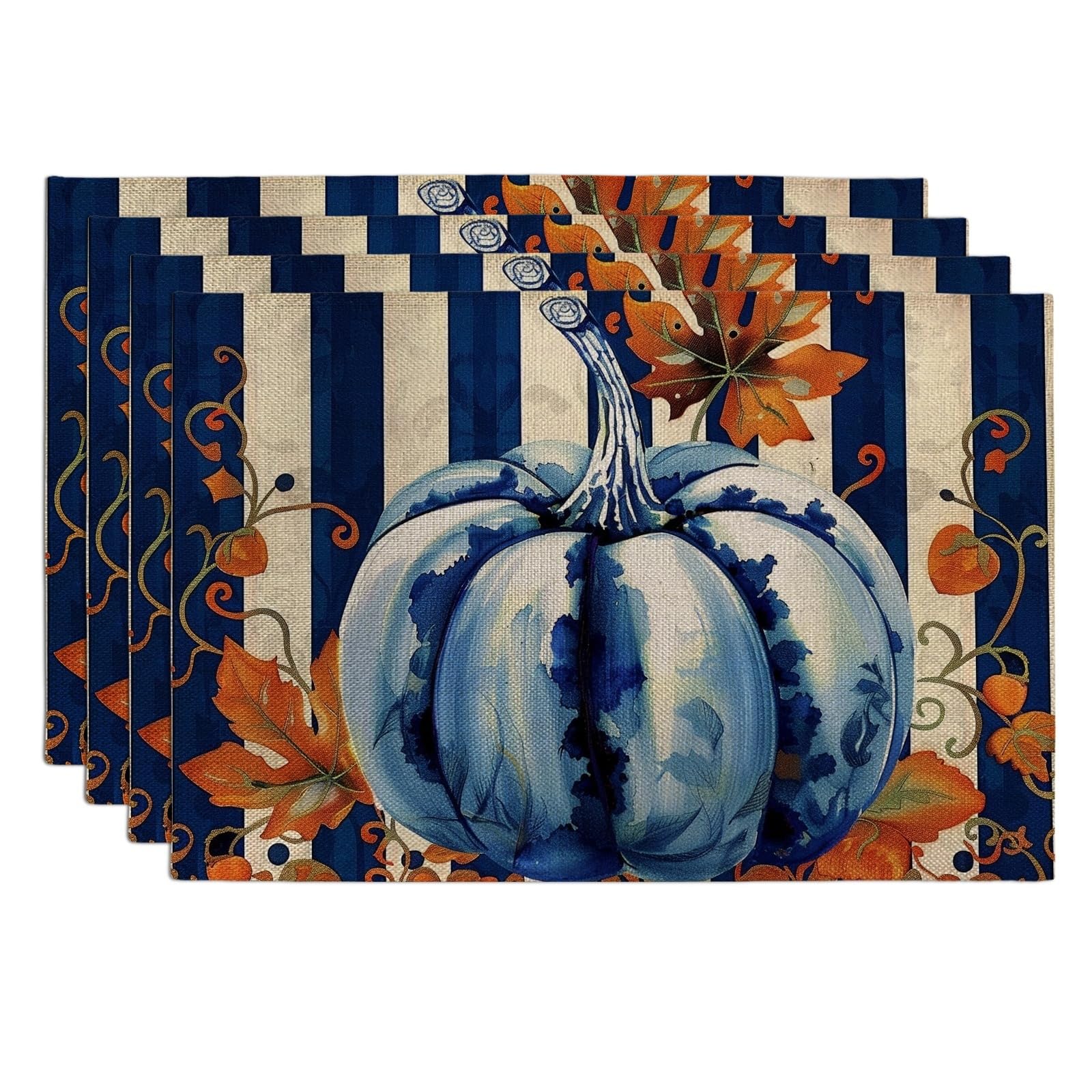 Fall Harvest Blue Pumpkin Placemats, Navy Striped Decorative Table Mats for Thanksgiving Dinner, Non-Slip Washable Indoor Outdoor Party Placemats Set of 4