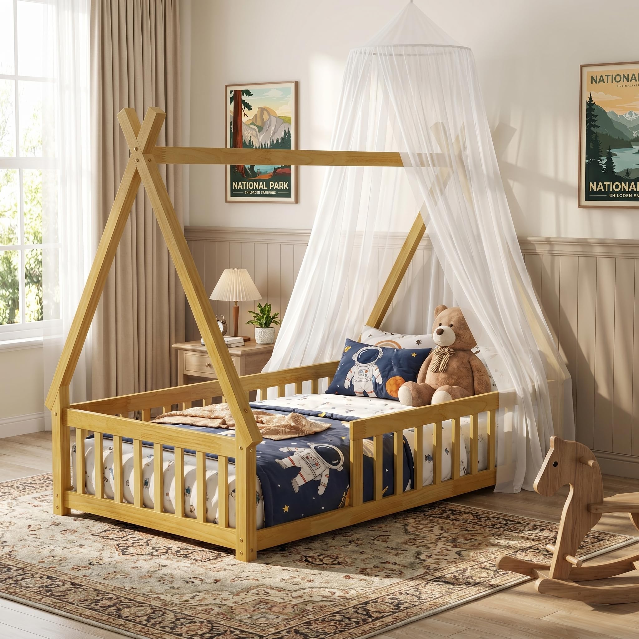 Mirightone Floor Bed for Kids, Twin Size Teepee Tent Beds, Montessori Floor Bed with Slats and Fence Rails, Wood House Bed Frame for Boys Girls, Natural : Home & Kitchen