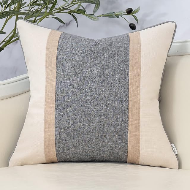 Yangest Dark Grey Patchwork Linen Throw Pillow Cover Farmhouse Burlap Cushion Case Neutral Pillowcase for Sofa Couch Bedroom Living Room Home Decor,18x18 Inch