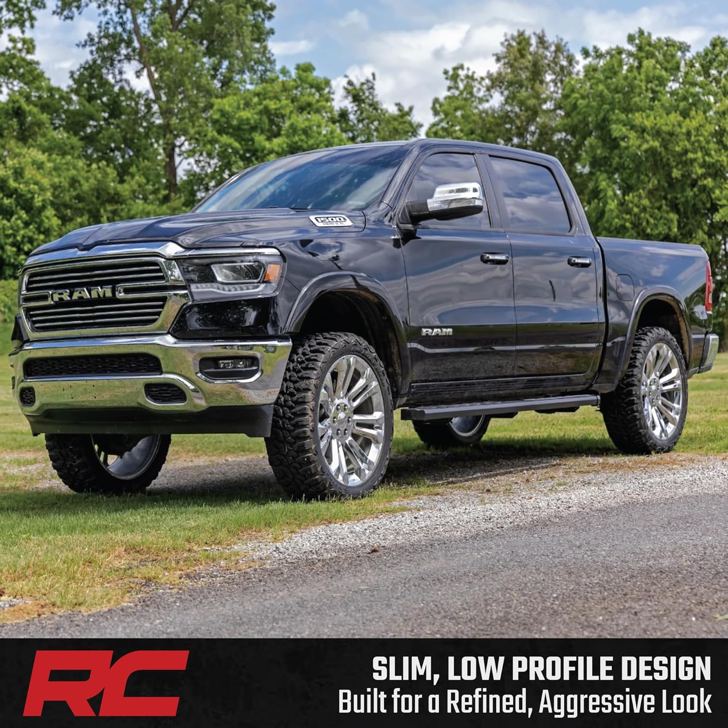 Rough Country BA2 Running Boards for Ram 1500 (2019-2026)/1500 TRX (2021-2024) Crew Cab - 5" Wide Steel Step Bars, Non-Slip Grip Foot Rails, No-Drill Install, Truck Side Steps