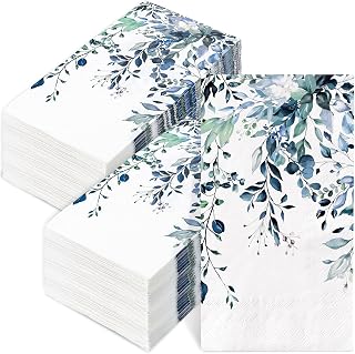 100 Pcs Blue and White Paper Napkins Watercolor Eucalyptus Leaves Guest Napkin Disposable Dinner Hand Towels for Spring Party Kitchen Bathroom Table Decor, 4.3 x 7.8 Inch